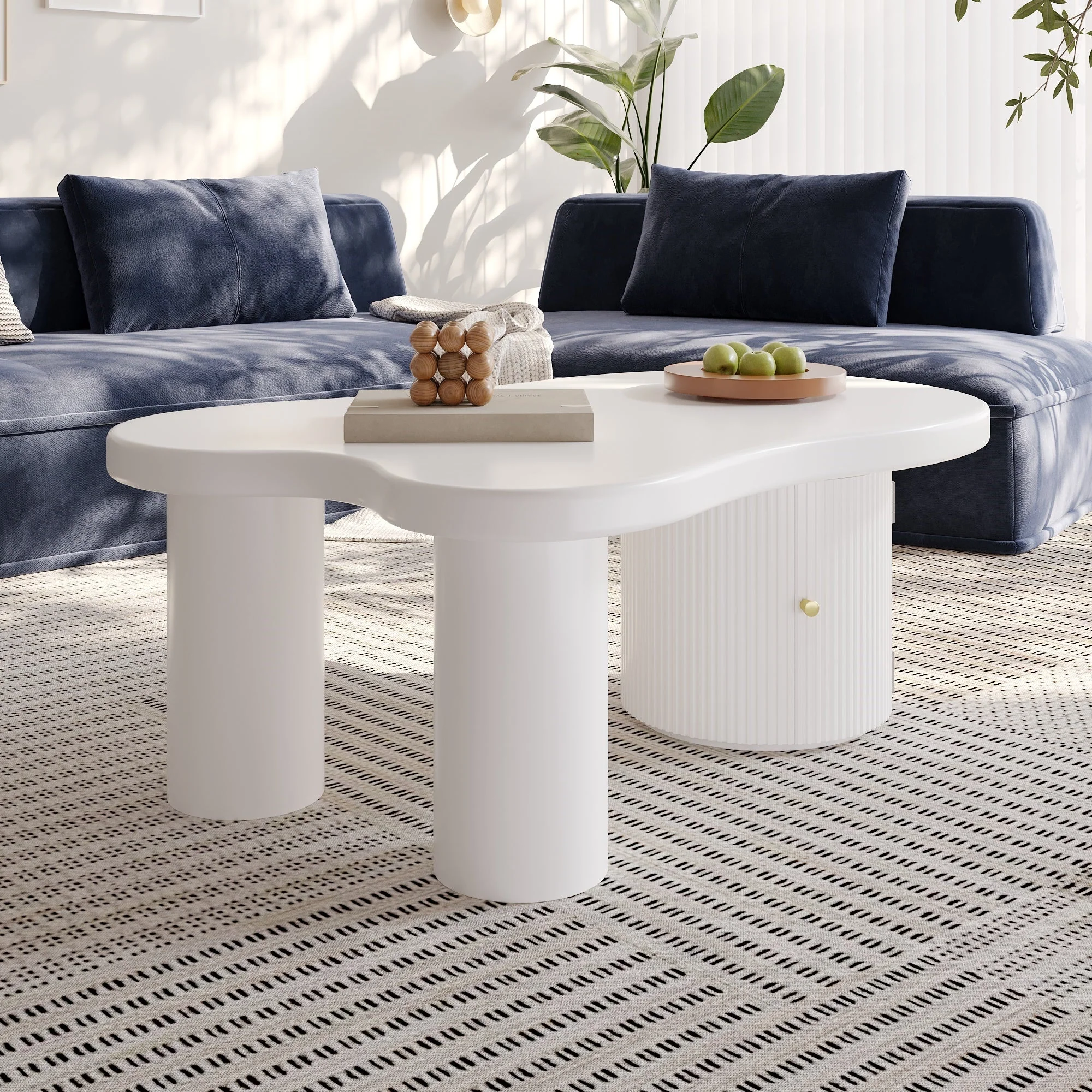 Asymmetrical Coffee Table, Stylish Sturdy with Storage, White - Image 4