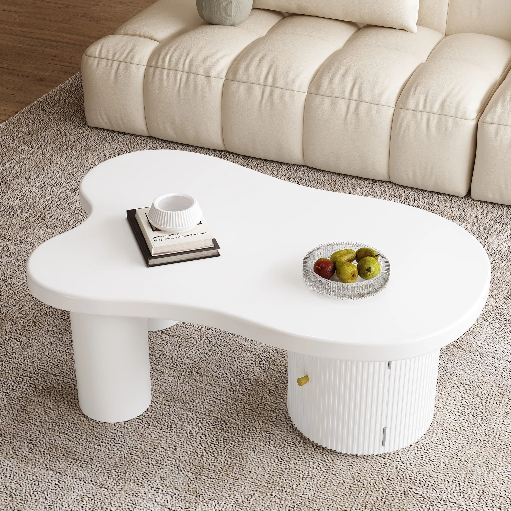 Asymmetrical Coffee Table, Stylish Sturdy with Storage, White - Image 7