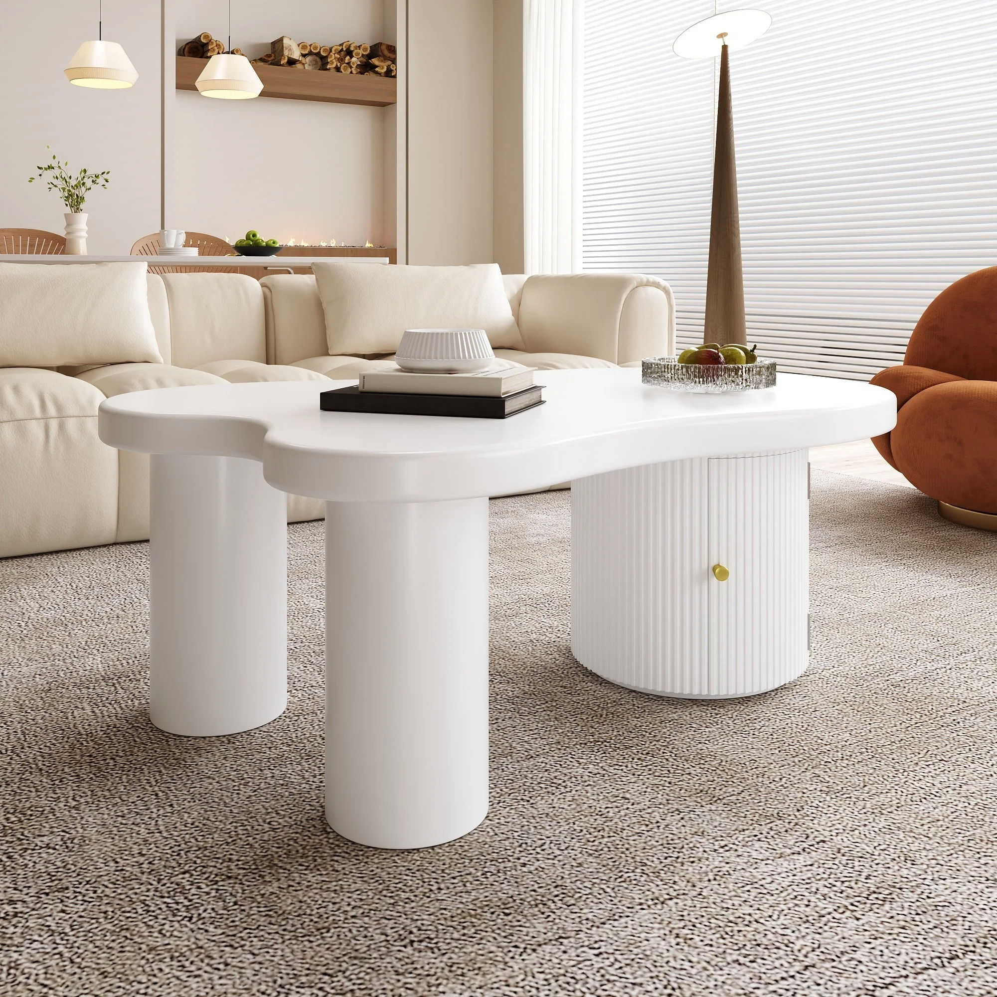 Asymmetrical Coffee Table, Stylish Sturdy with Storage, White - Image 8