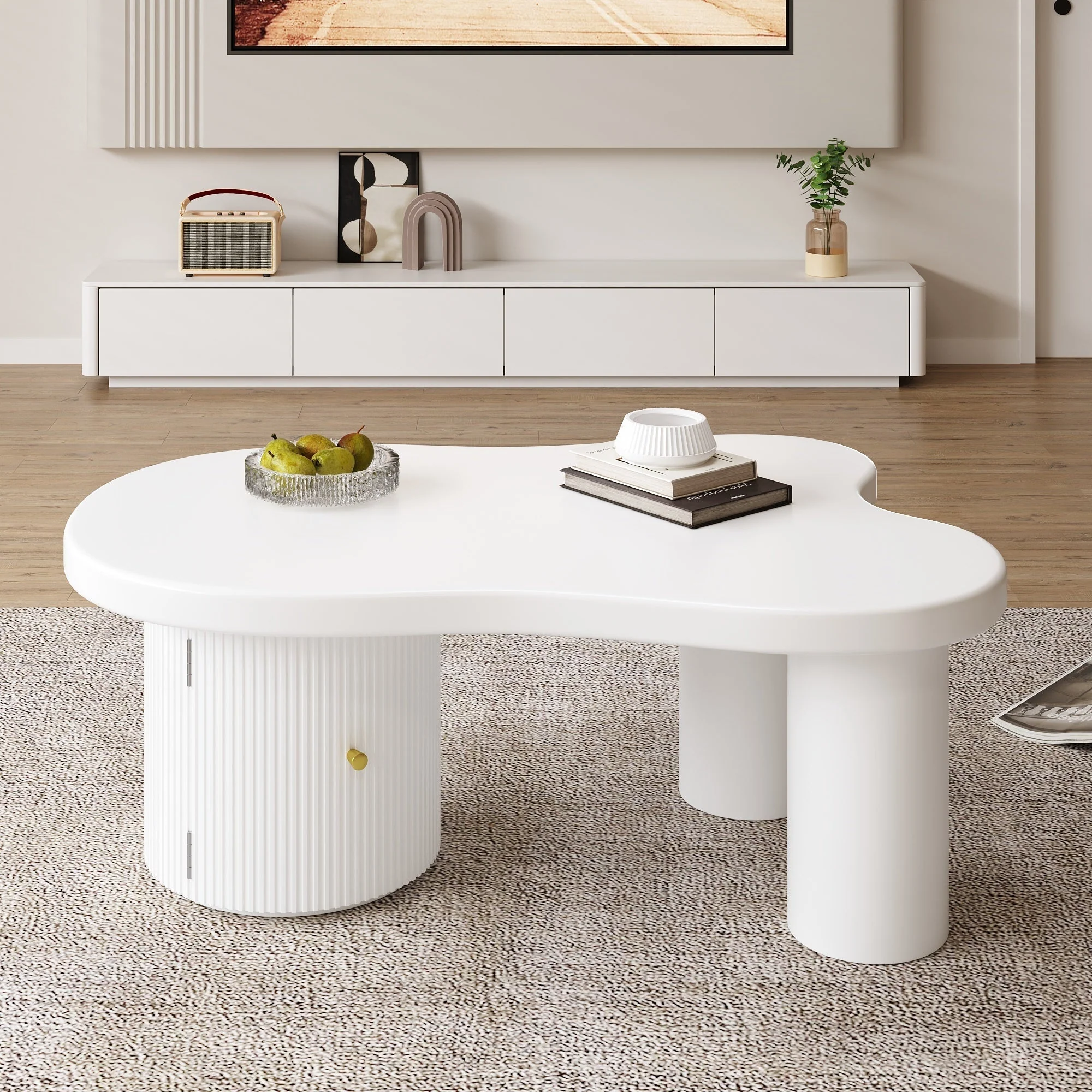 Asymmetrical Coffee Table, Stylish Sturdy with Storage, White - Image 9