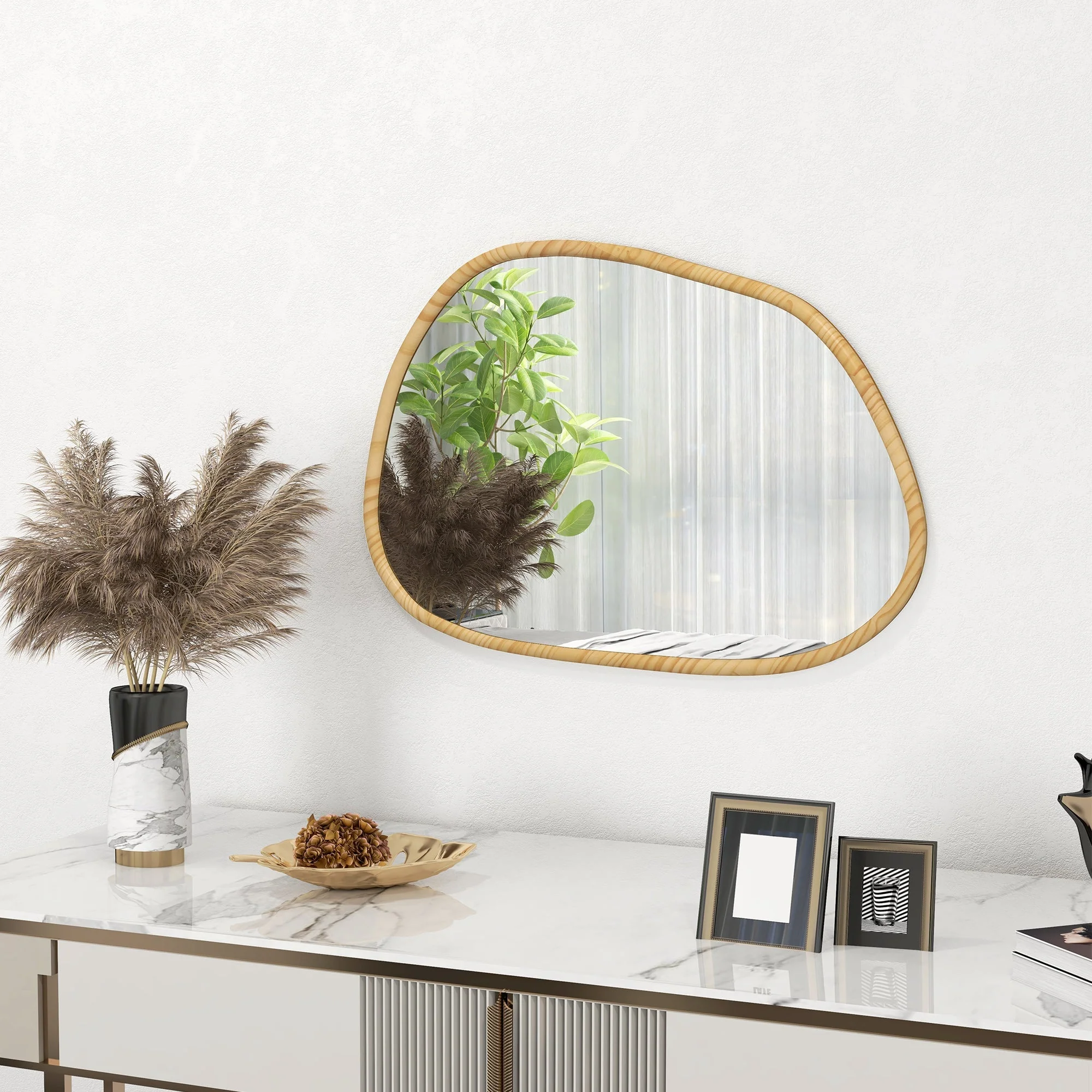 Asymmetrical Wall Mirror 70x50cm Antioxidant Wooden Frame, Natural - Image 8