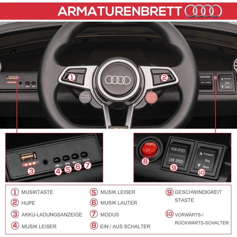 Audi Kids' Electric Car, 2.4G Remote Control, Music, Horn, LED, USB, Black - Image 7