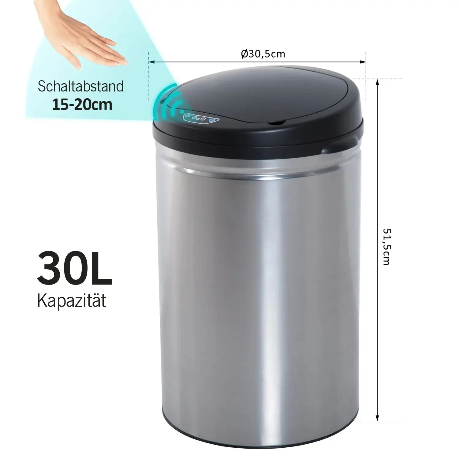 Automatic Sensor Trash Can/Bin, Round 30L IR Sensor, Stainless Steel - Image 3