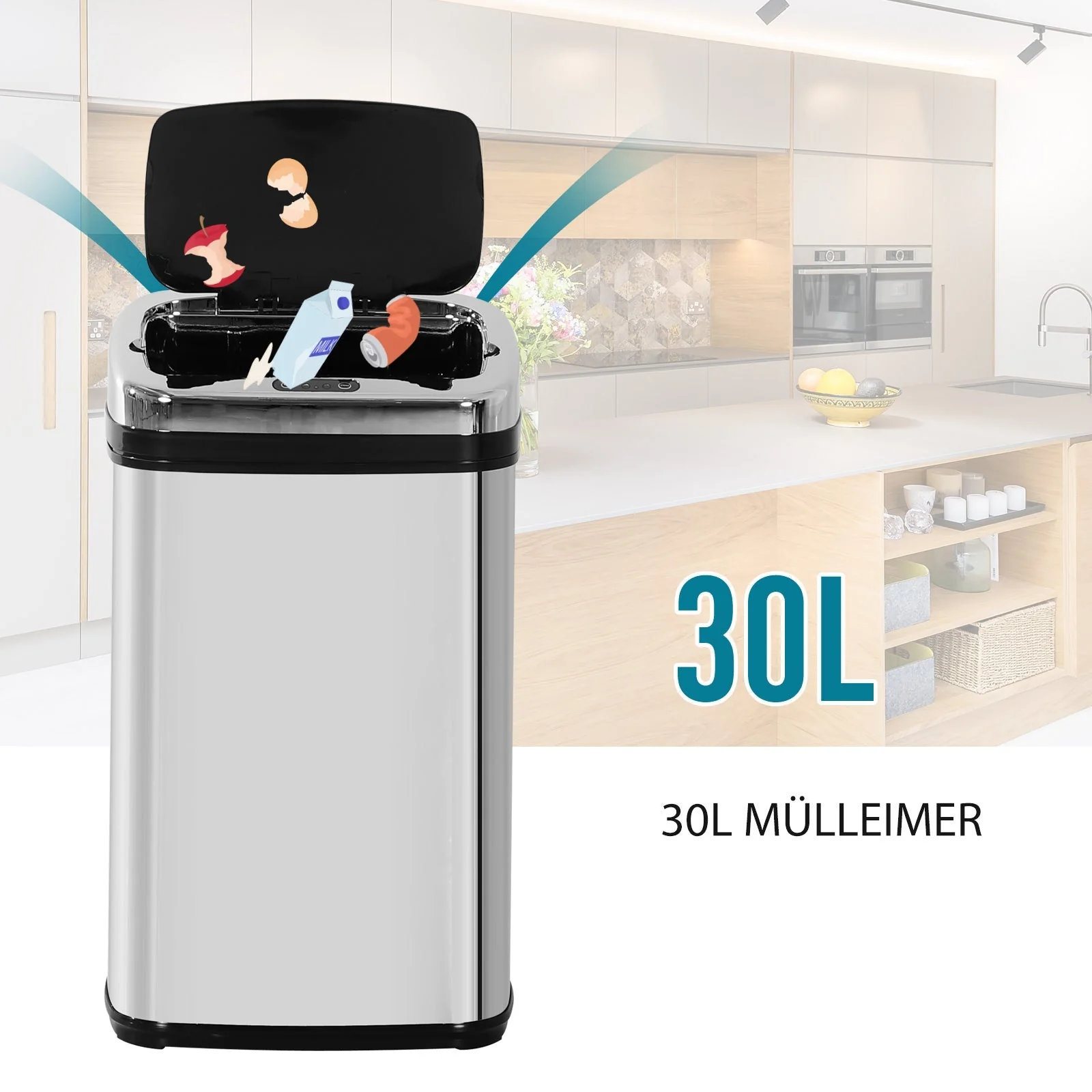 Automatic Sensor Waste Bin 30L IR Square Stainless Steel - Image 4