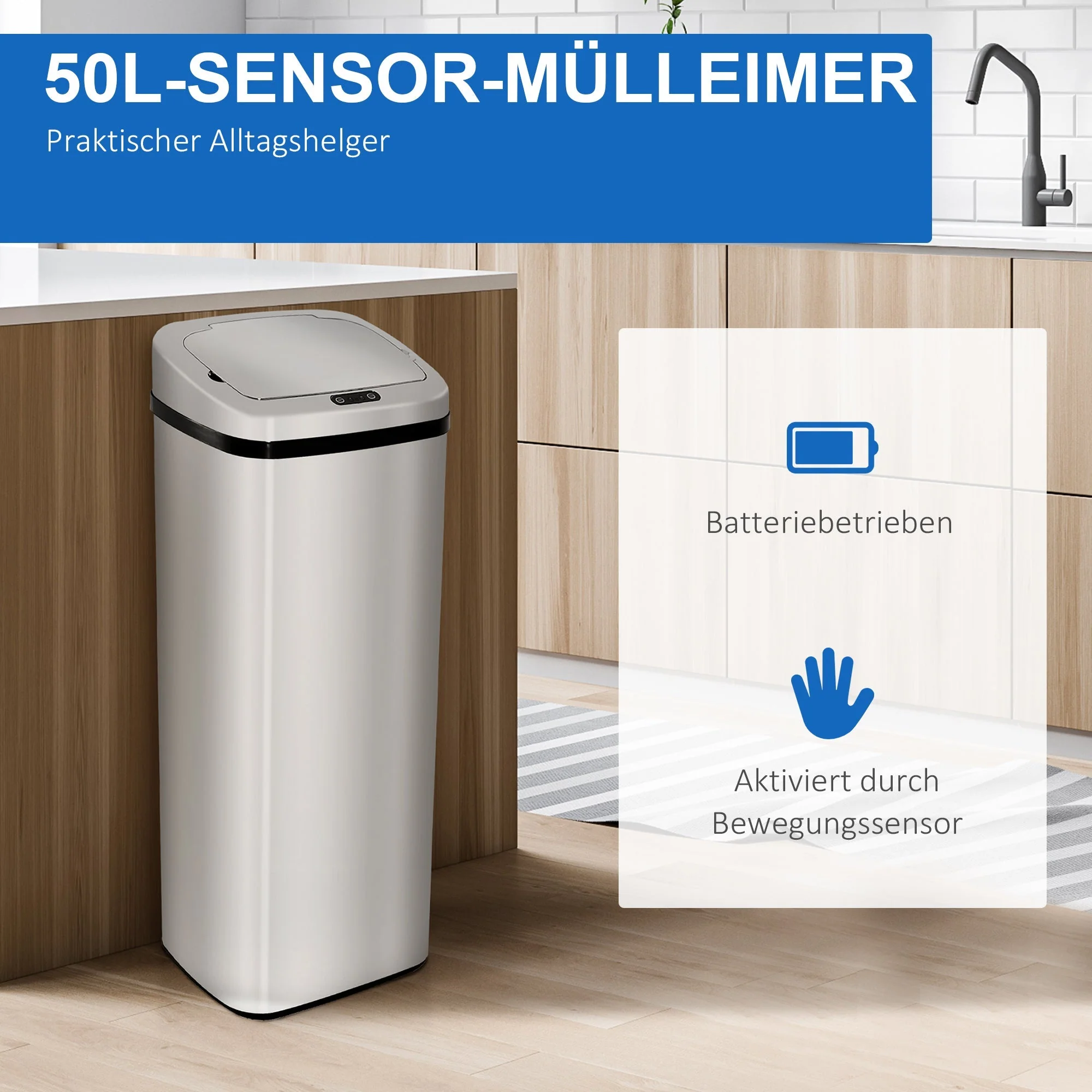 Automatic Trash Can with Sensor, Kitchen Waste Bin, Stainless Steel, Silver (50L) - Image 4