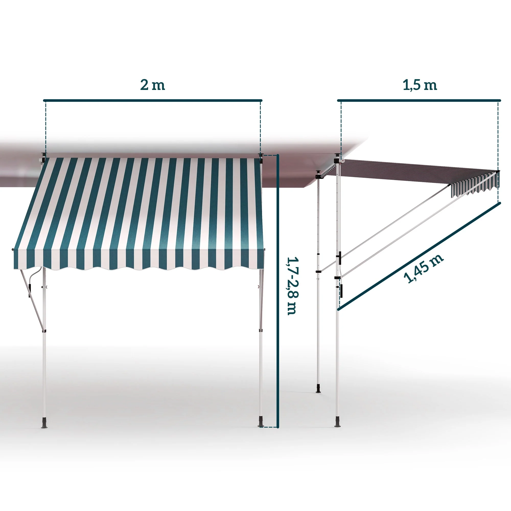 Awning, Articulated Arm Clamp Adjustable Sun Protection Folding Hand Crank, Aluminum Green and White - Image 3