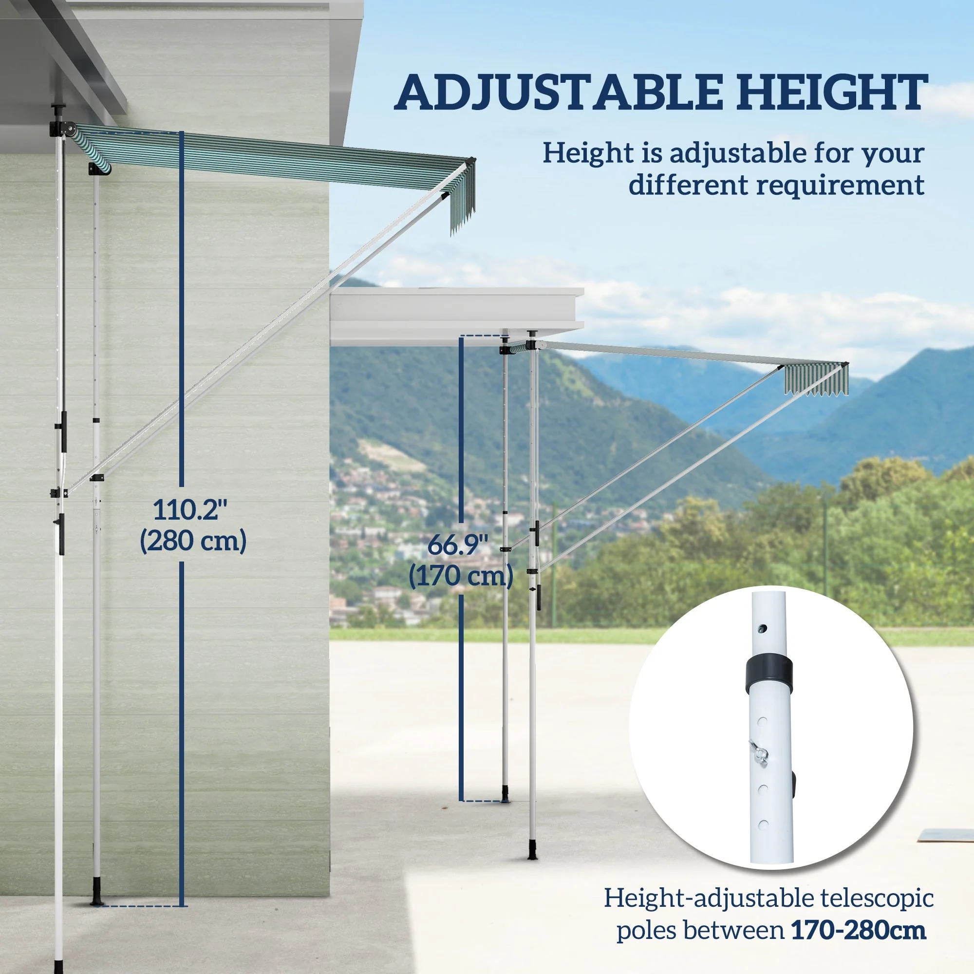 Awning, Articulated Arm Clamp Adjustable Sun Protection Folding Hand Crank, Aluminum Green and White - Image 4