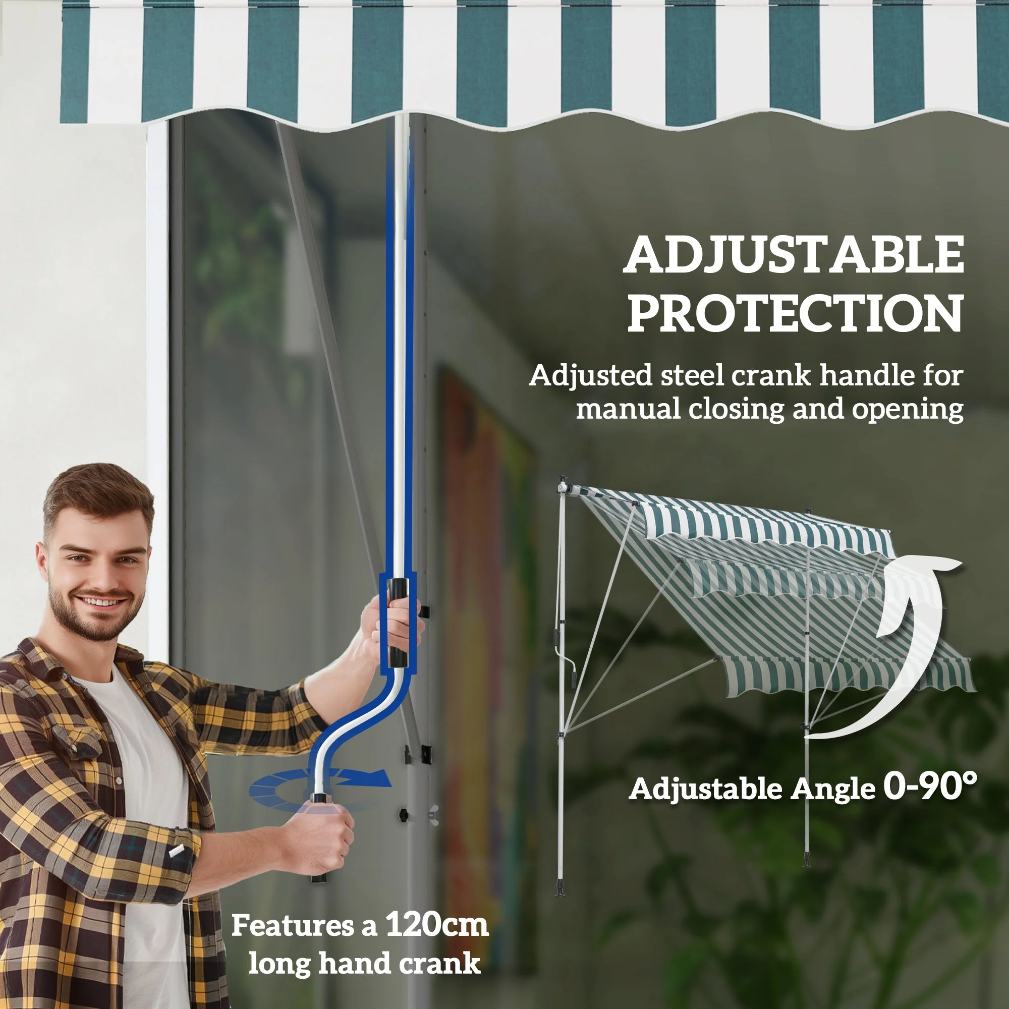 Awning, Articulated Arm Clamp Adjustable Sun Protection Folding Hand Crank, Aluminum Green and White - Image 6