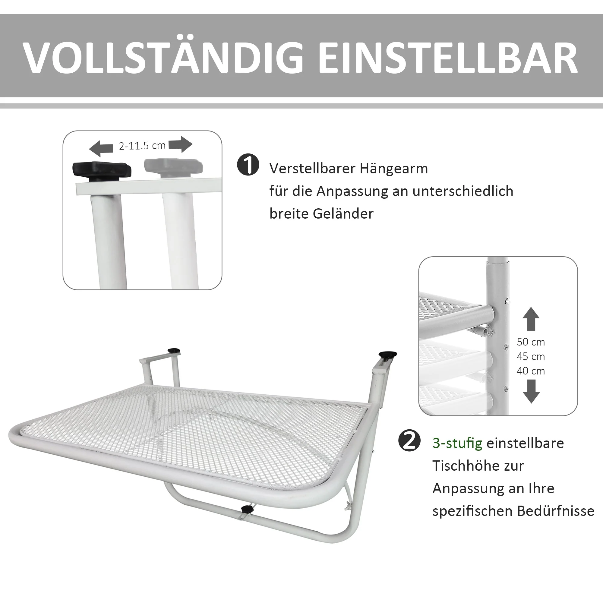 Balcony Hanging Table, Square Adjustable 60x56.5x45cm Garden, White Metal - Image 4