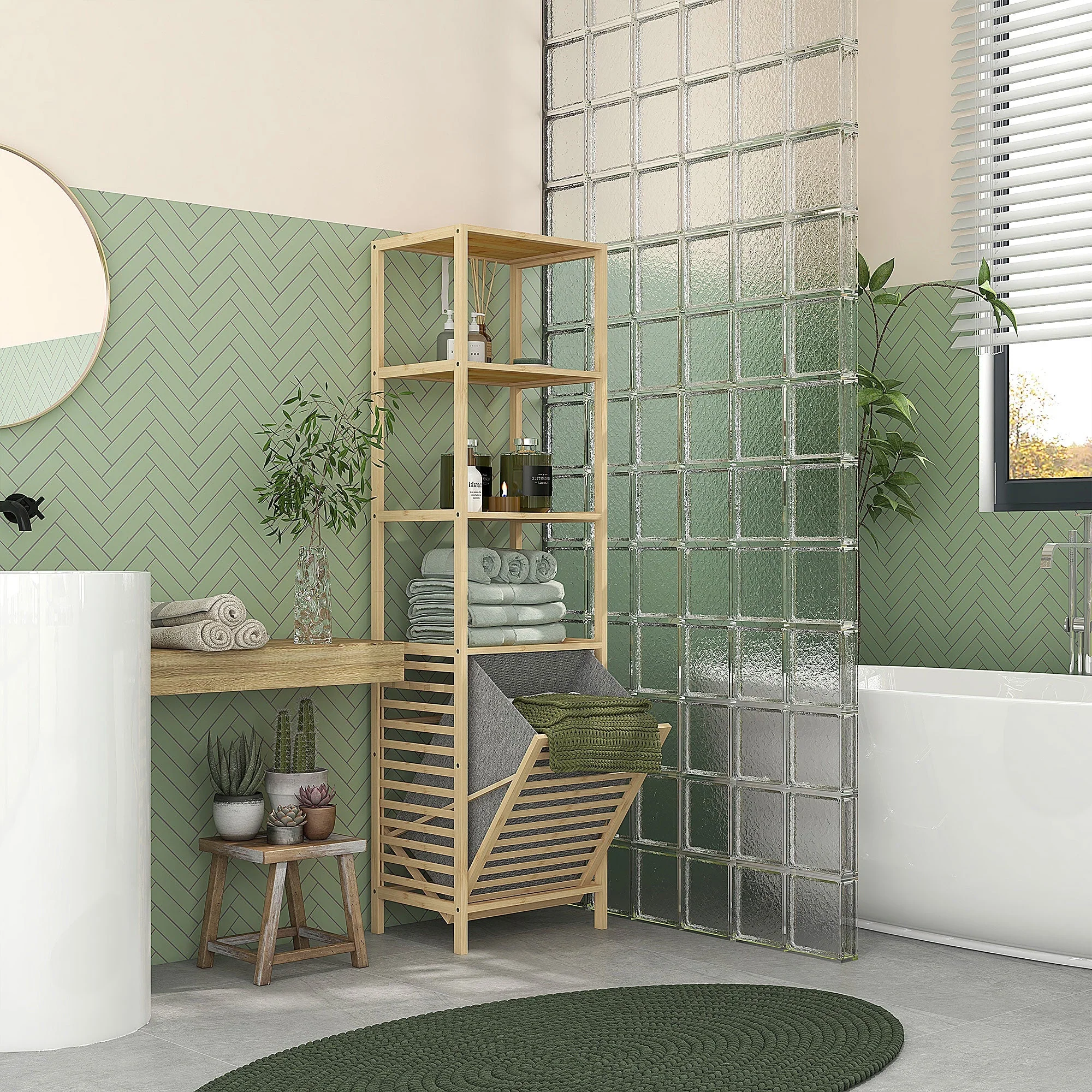 Bamboo Bathroom Shelf, 3 Open Shelves, Extendable Basket, Natural - Image 2