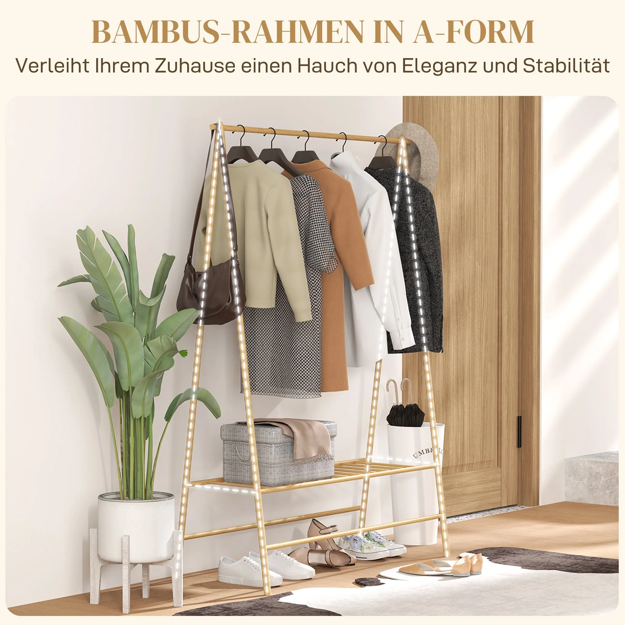 Bamboo Coat Rack, Clothes Rack with Shelves & Hooks, Natural Wood - Image 5