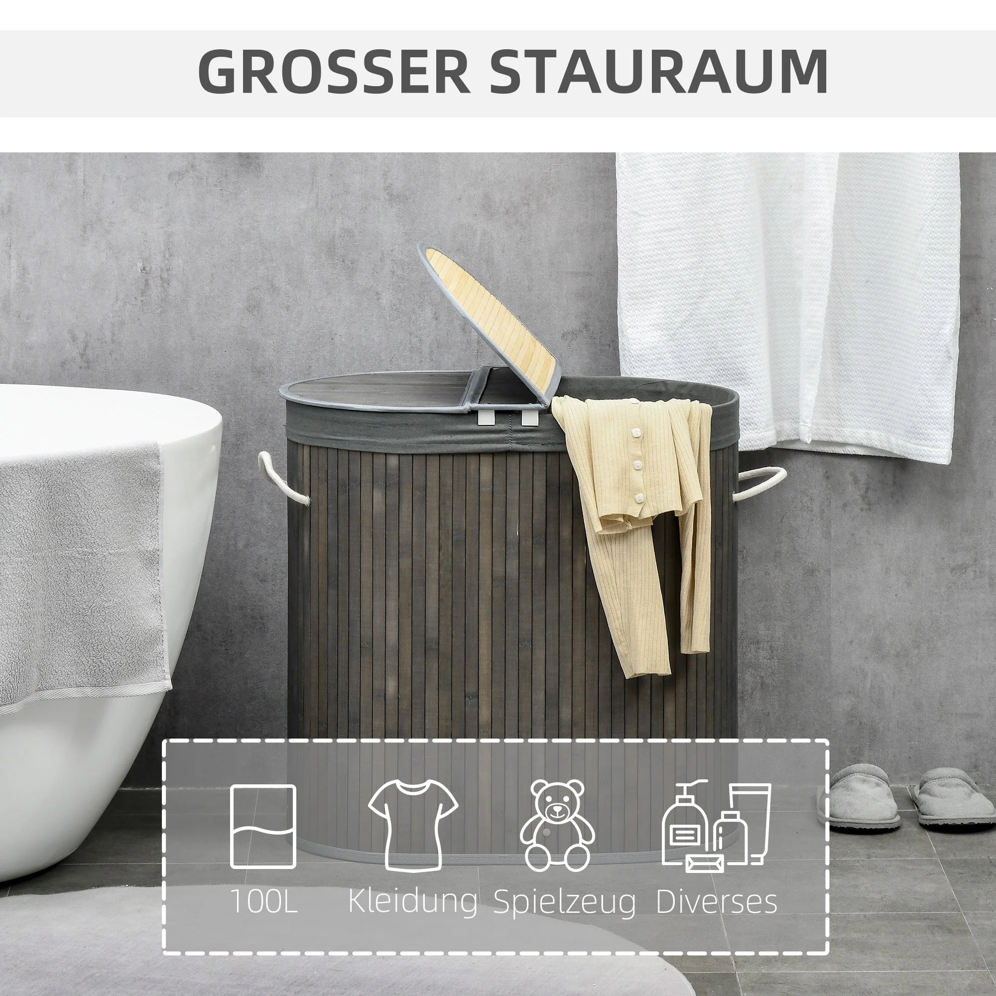 Bamboo Laundry Basket, 100L with 2 Removable Bags, Gray - Image 4