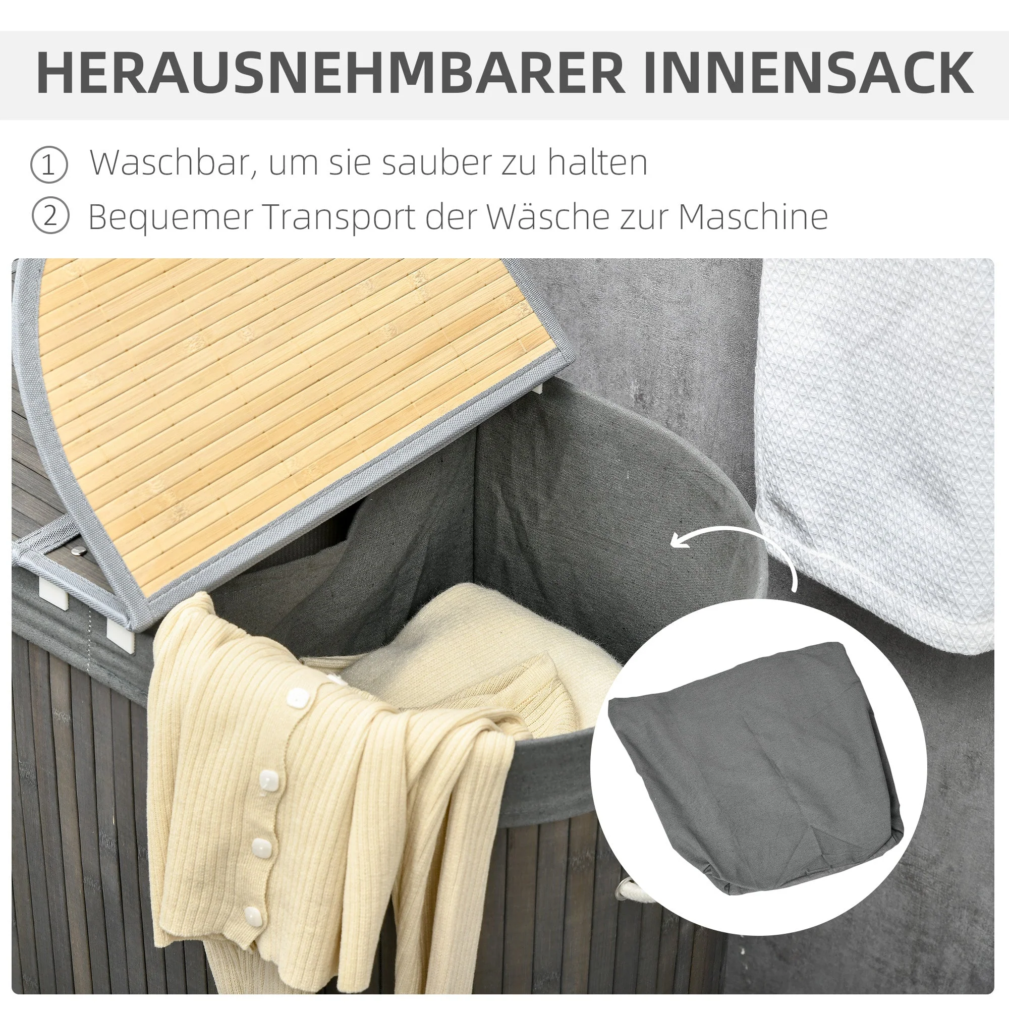 Bamboo Laundry Basket, 100L with 2 Removable Bags, Gray - Image 5