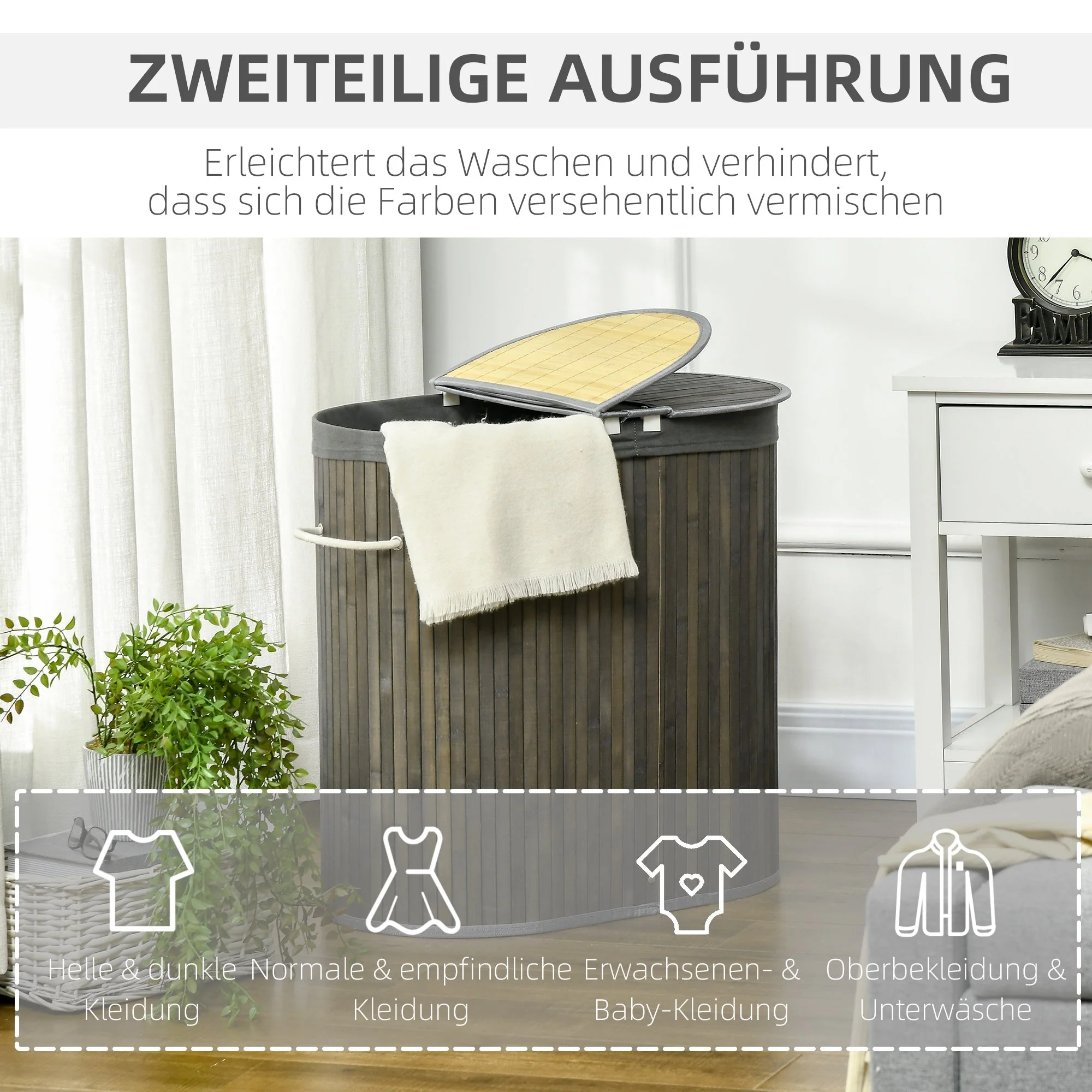 Bamboo Laundry Basket, 100L with 2 Removable Bags, Gray - Image 6