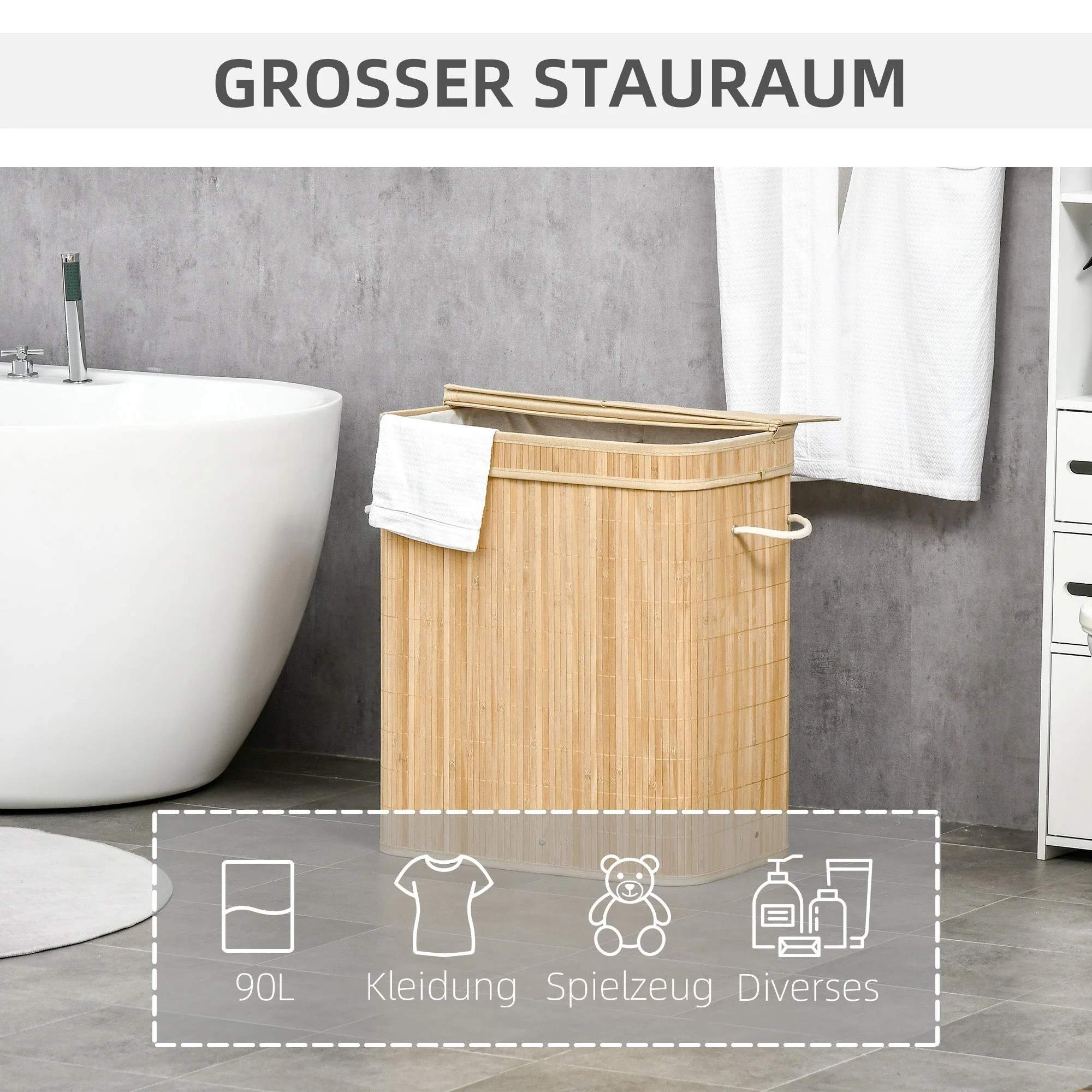Bamboo laundry basket with lid and handles 90 liter 2 sections with removable fabric bag - Image 4