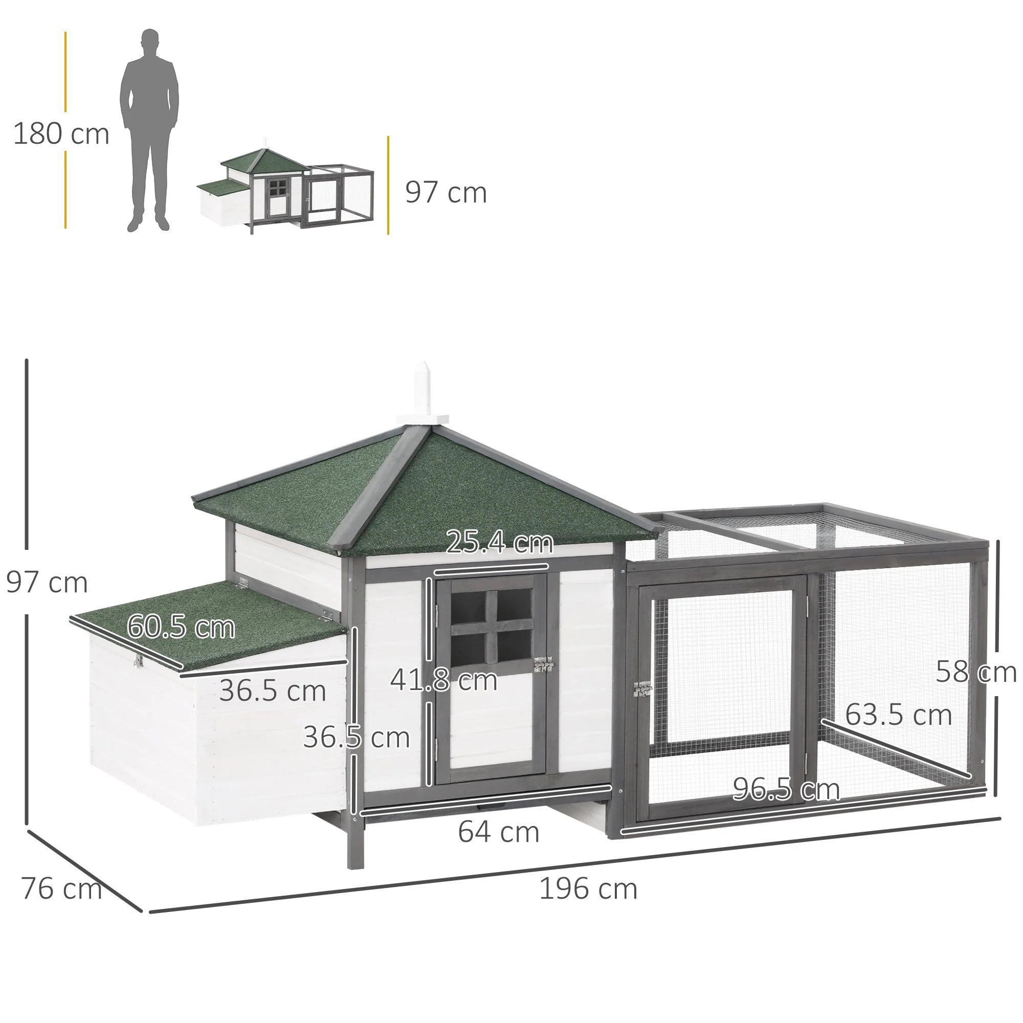 Bantam Chicken Coop with Run, Perches, Nesting Box, Pinewood, Grey+White - Image 3