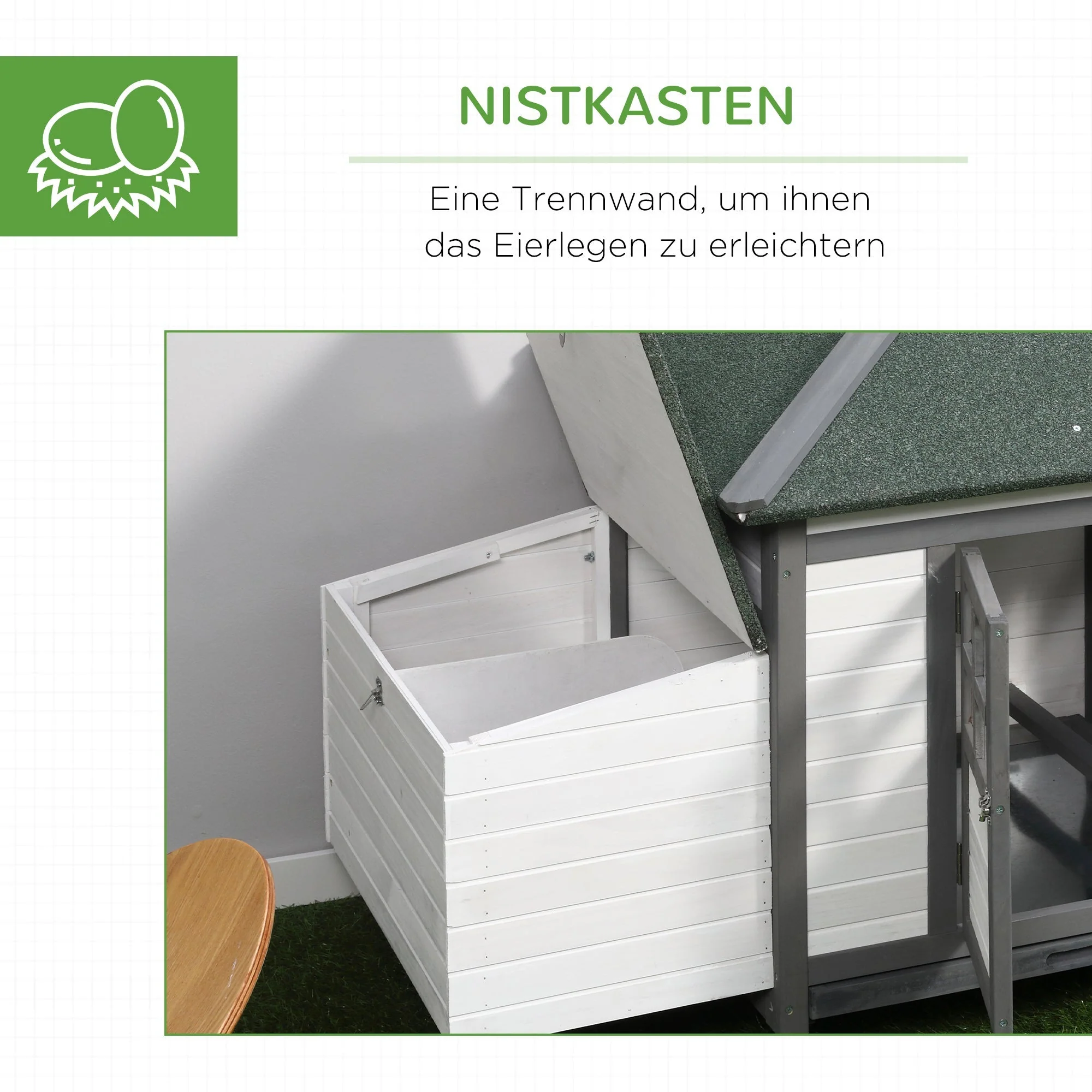 Bantam Chicken Coop with Run, Perches, Nesting Box, Pinewood, Grey+White - Image 6