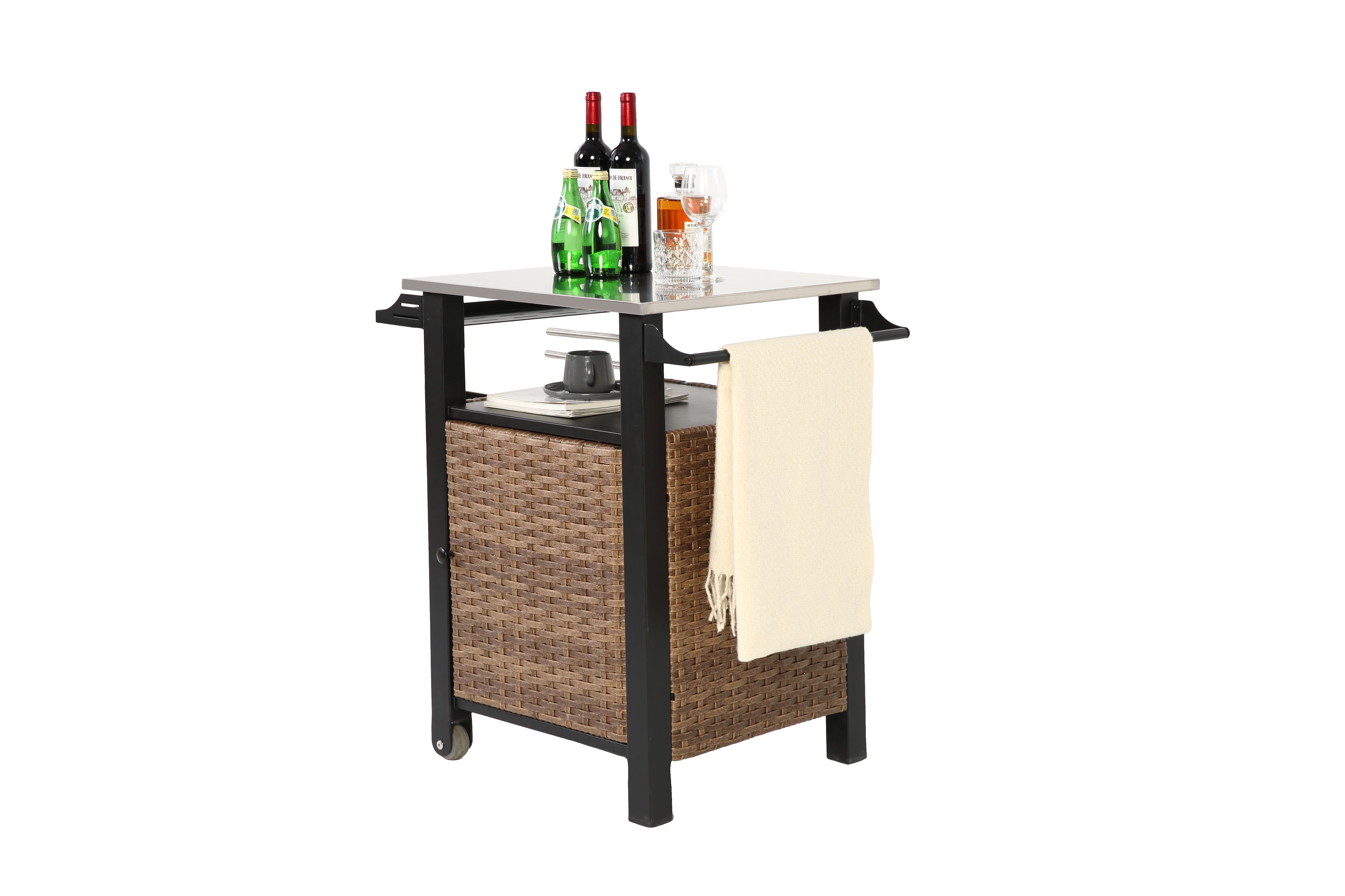 Bar Cart, Outdoor Kitchen Wicker Island Rolling with Stainless Steel Top, Brown - Image 2