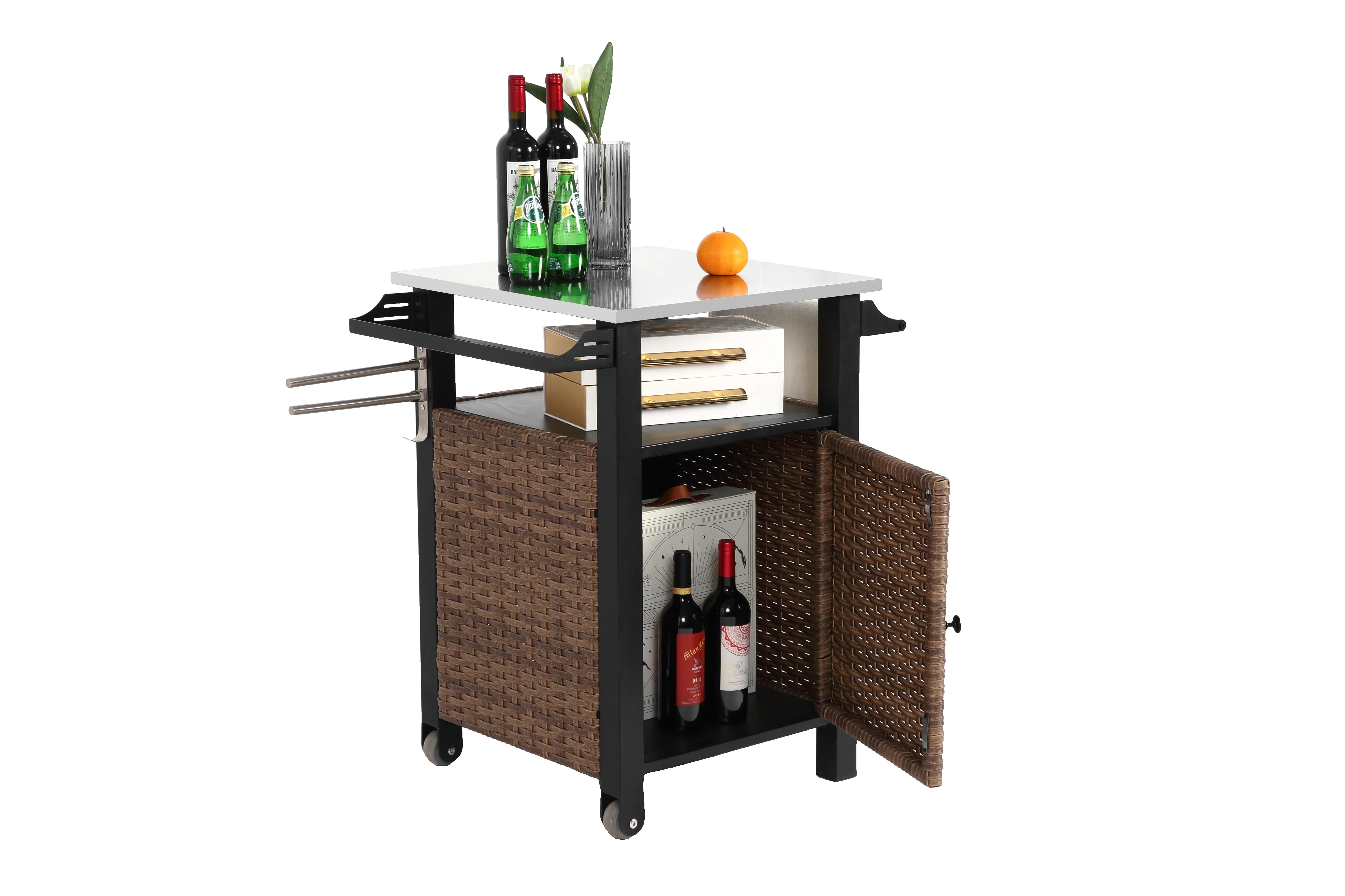 Bar Cart, Outdoor Kitchen Wicker Island Rolling with Stainless Steel Top, Brown - Image 3