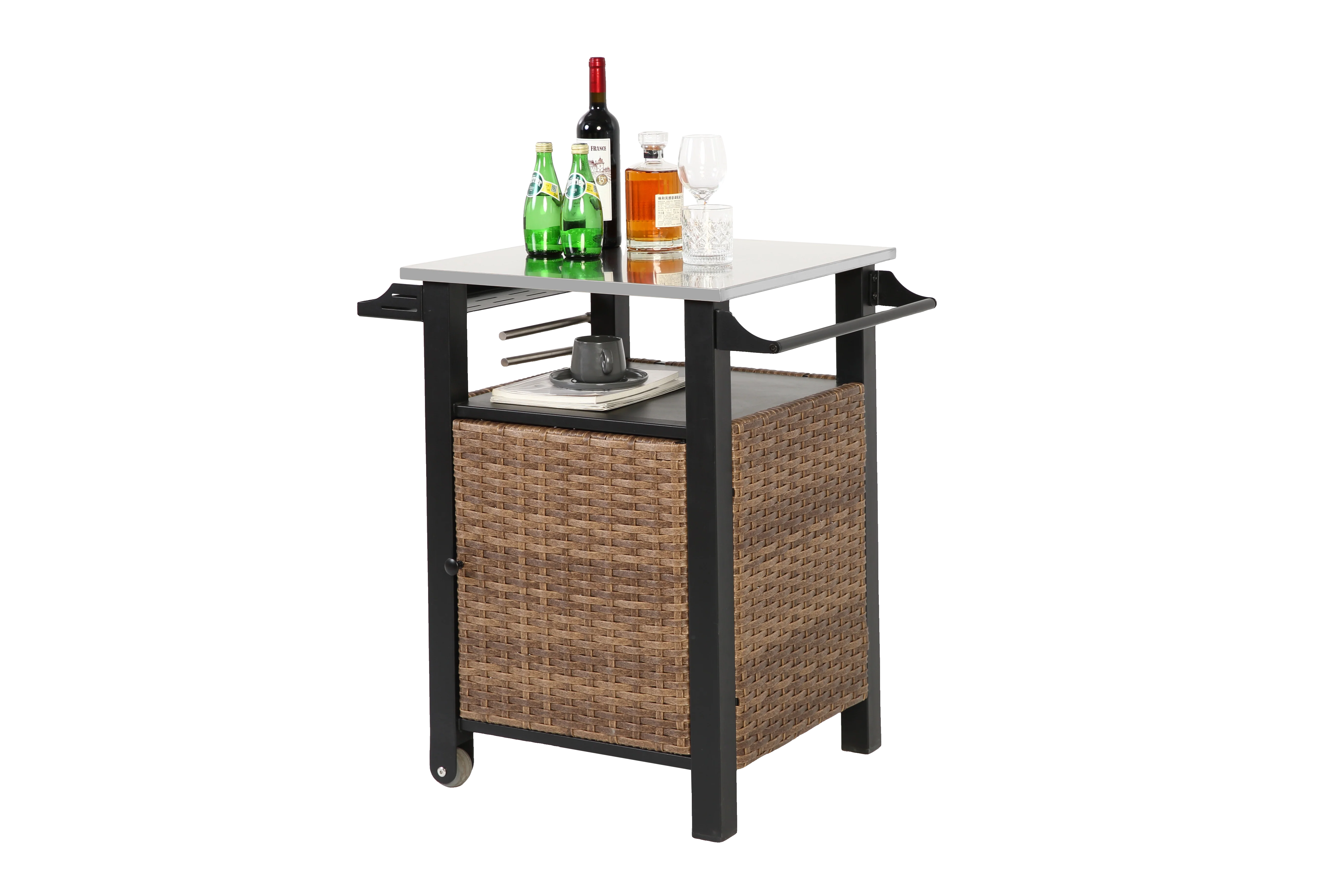 Bar Cart, Outdoor Kitchen Wicker Island Rolling with Stainless Steel Top, Brown - Image 4