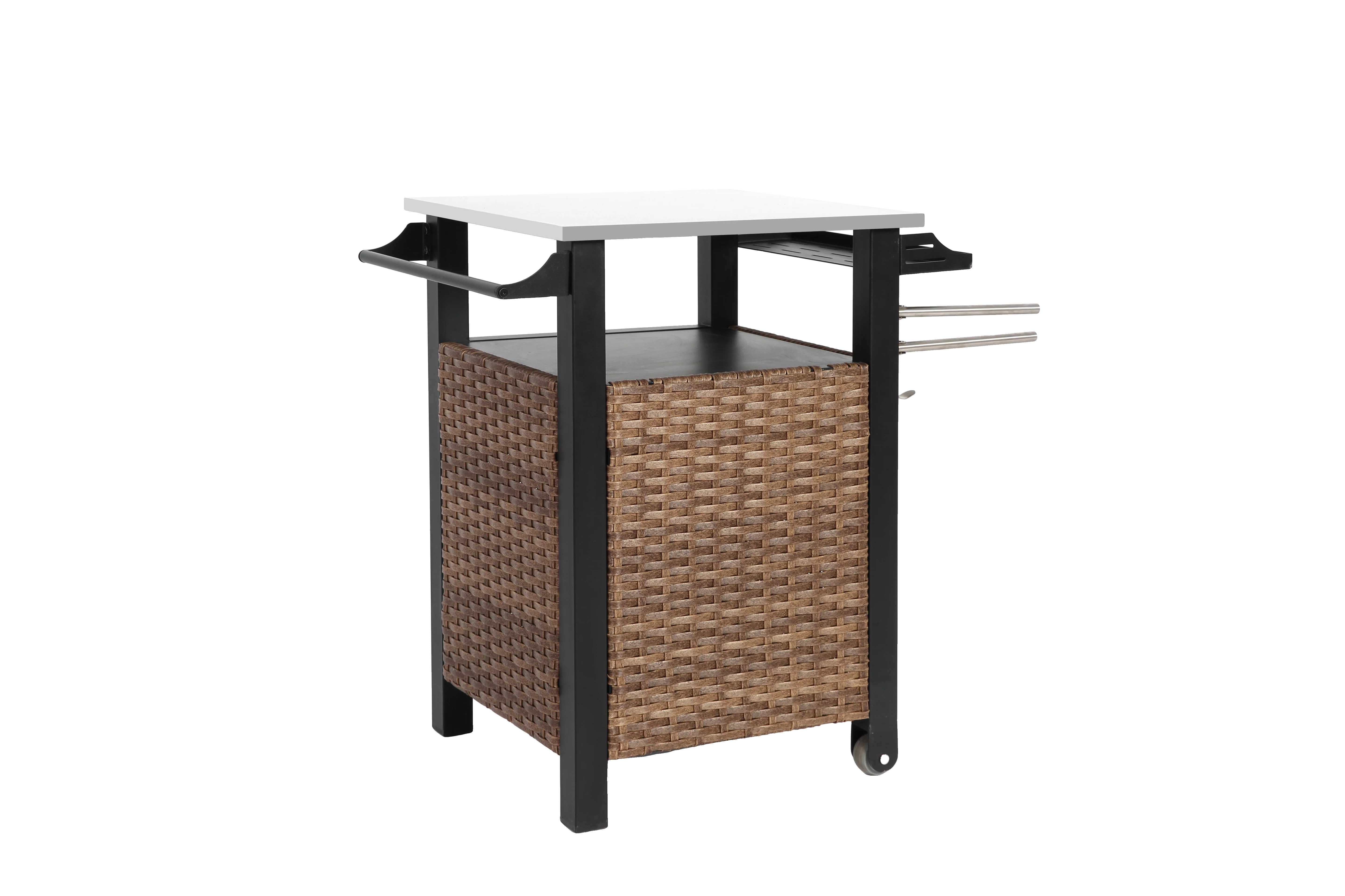 Bar Cart, Outdoor Kitchen Wicker Island Rolling with Stainless Steel Top, Brown - Image 6