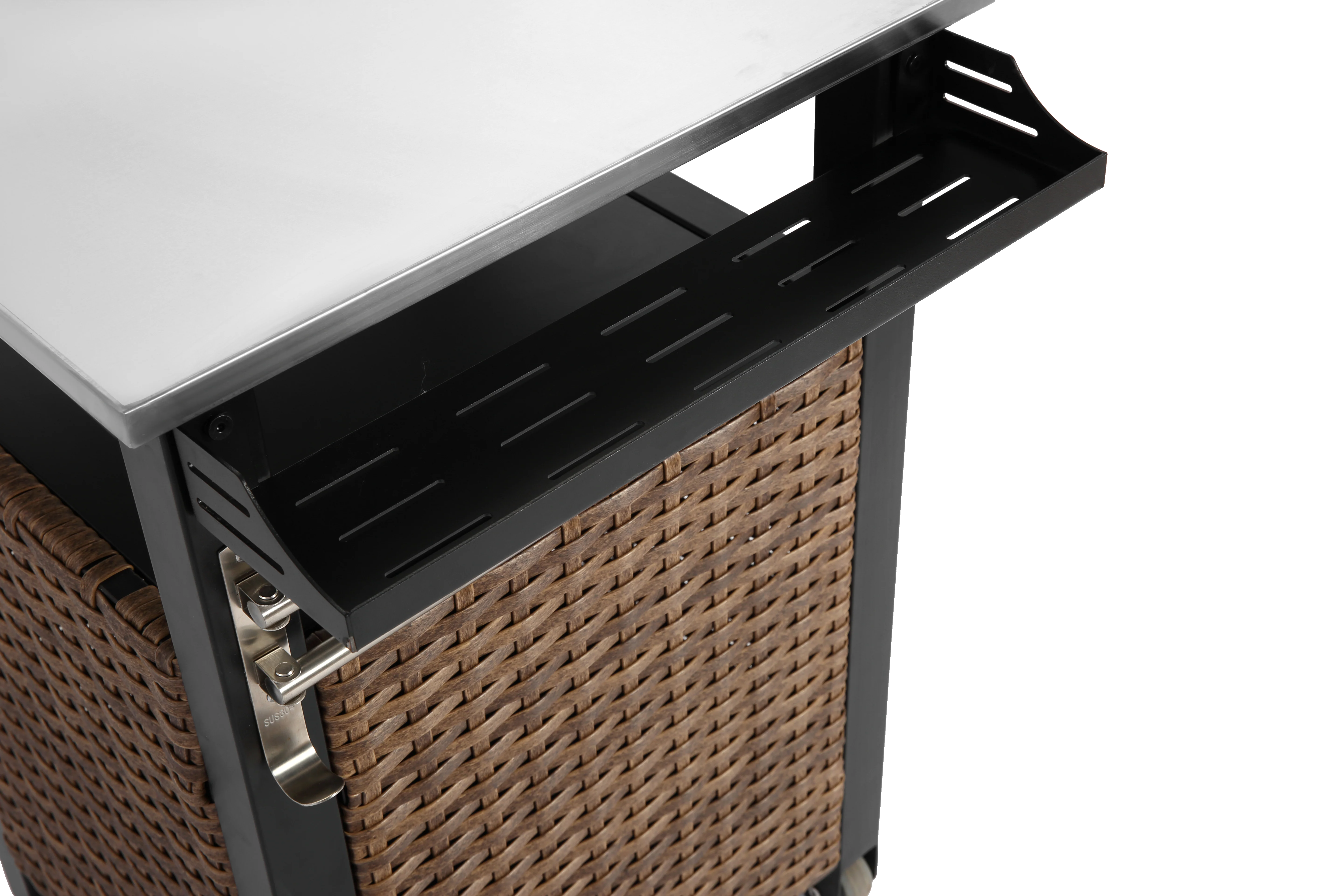 Bar Cart, Outdoor Kitchen Wicker Island Rolling with Stainless Steel Top, Brown - Image 7