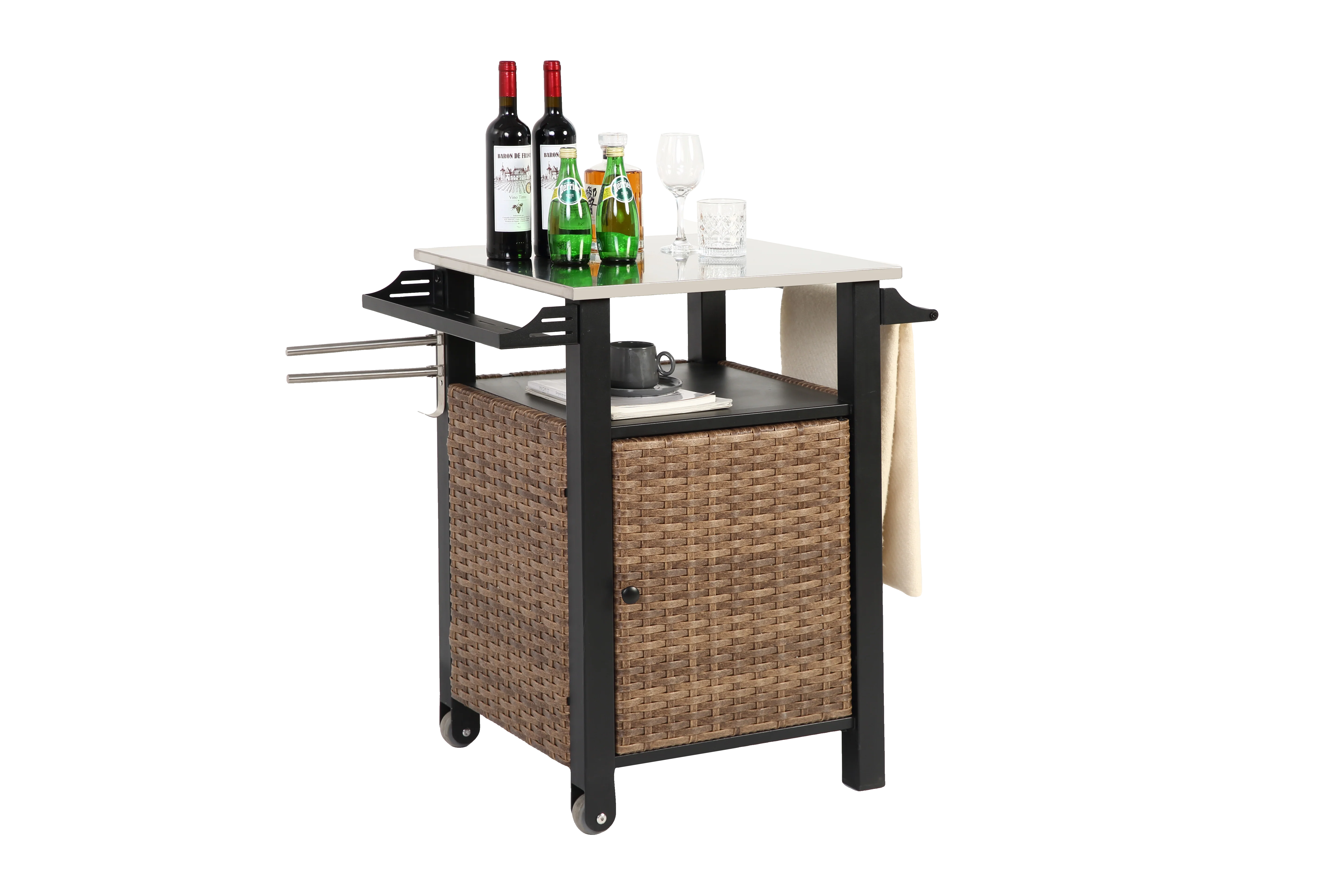 Bar Cart, Outdoor Kitchen Wicker Island Rolling with Stainless Steel Top, Brown - Image 8