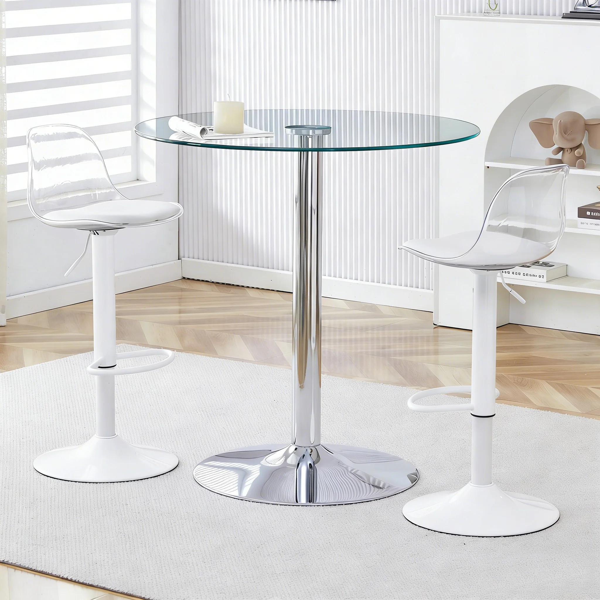 Bar Set 89cm Glass Table 2 Stools Adjustable Swivel - White Legs - Image 3