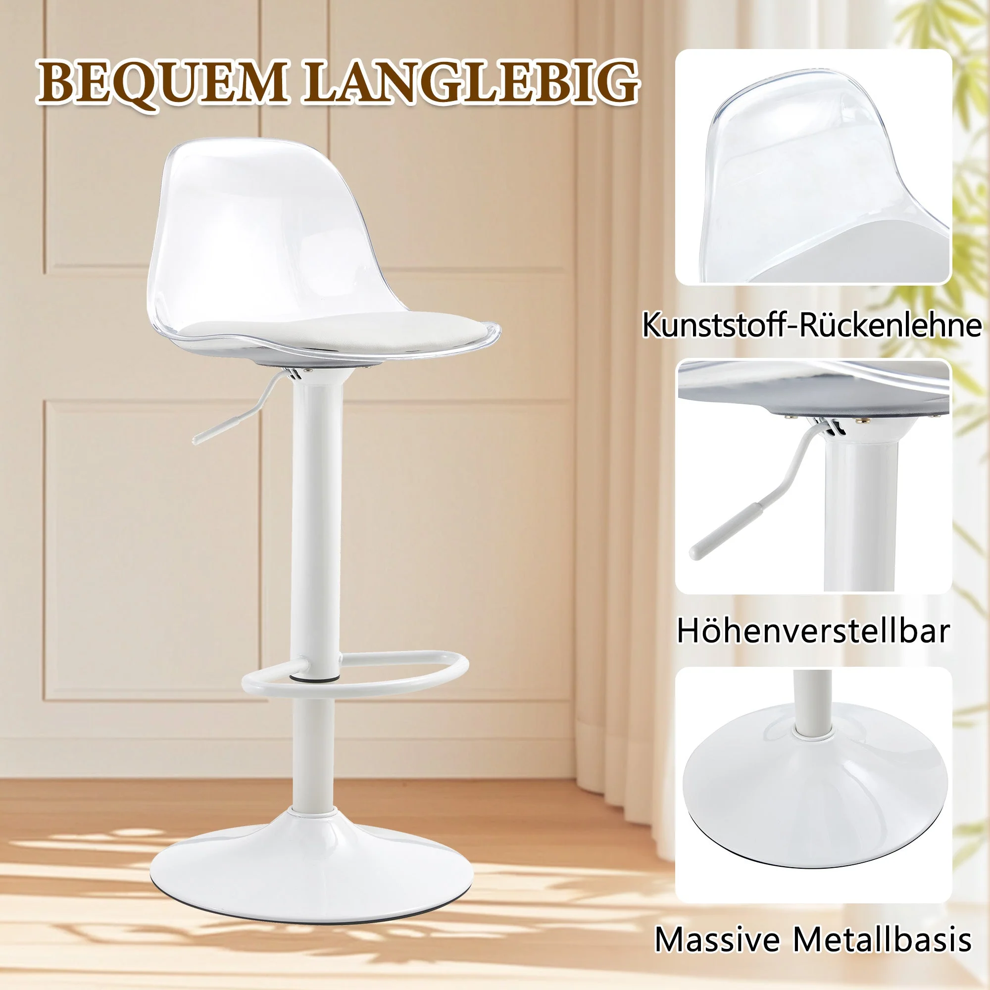 Bar Set 89cm Glass Table 2 Stools Adjustable Swivel - White Legs - Image 5
