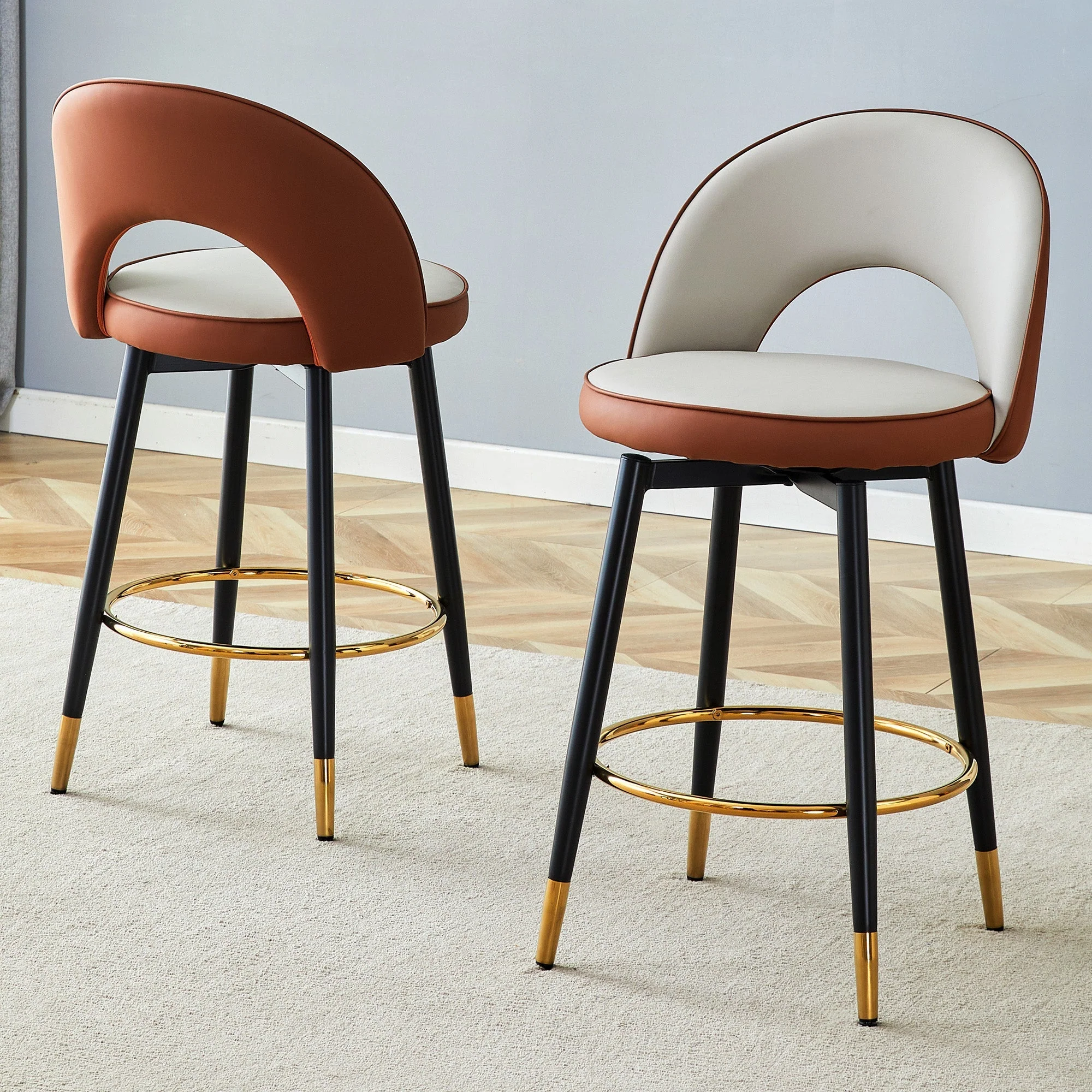 Bar Stool 360° Swivel Padded Set of 2 - PU Light Grey/Brown