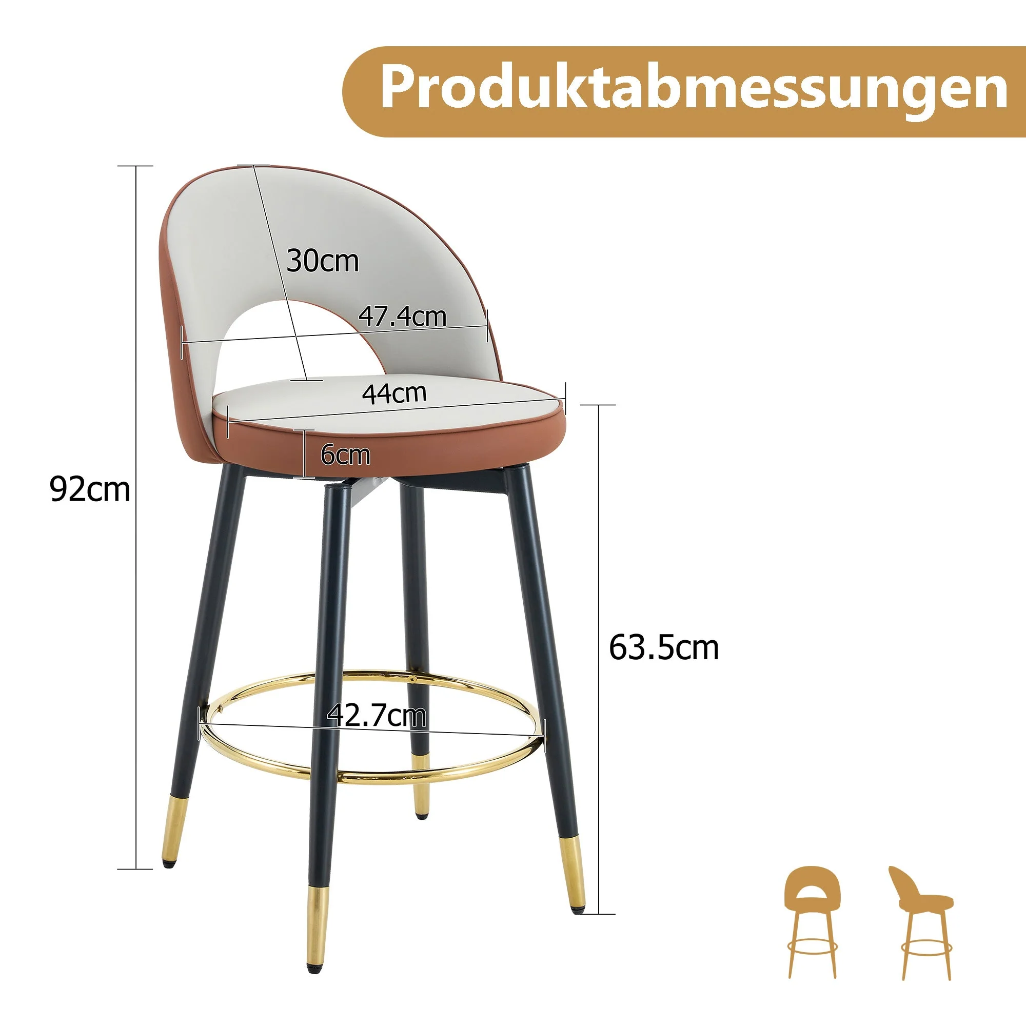 Bar Stool 360° Swivel Padded Set of 2 - PU Light Grey/Brown - Image 4