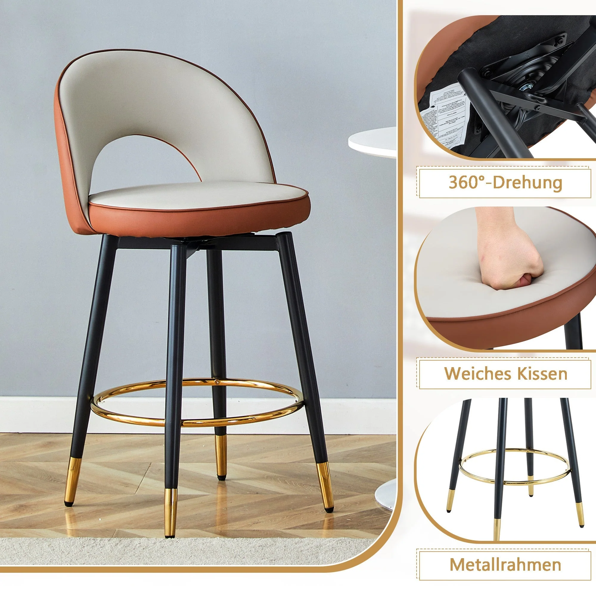 Bar Stool 360° Swivel Padded Set of 2 - PU Light Grey/Brown - Image 6