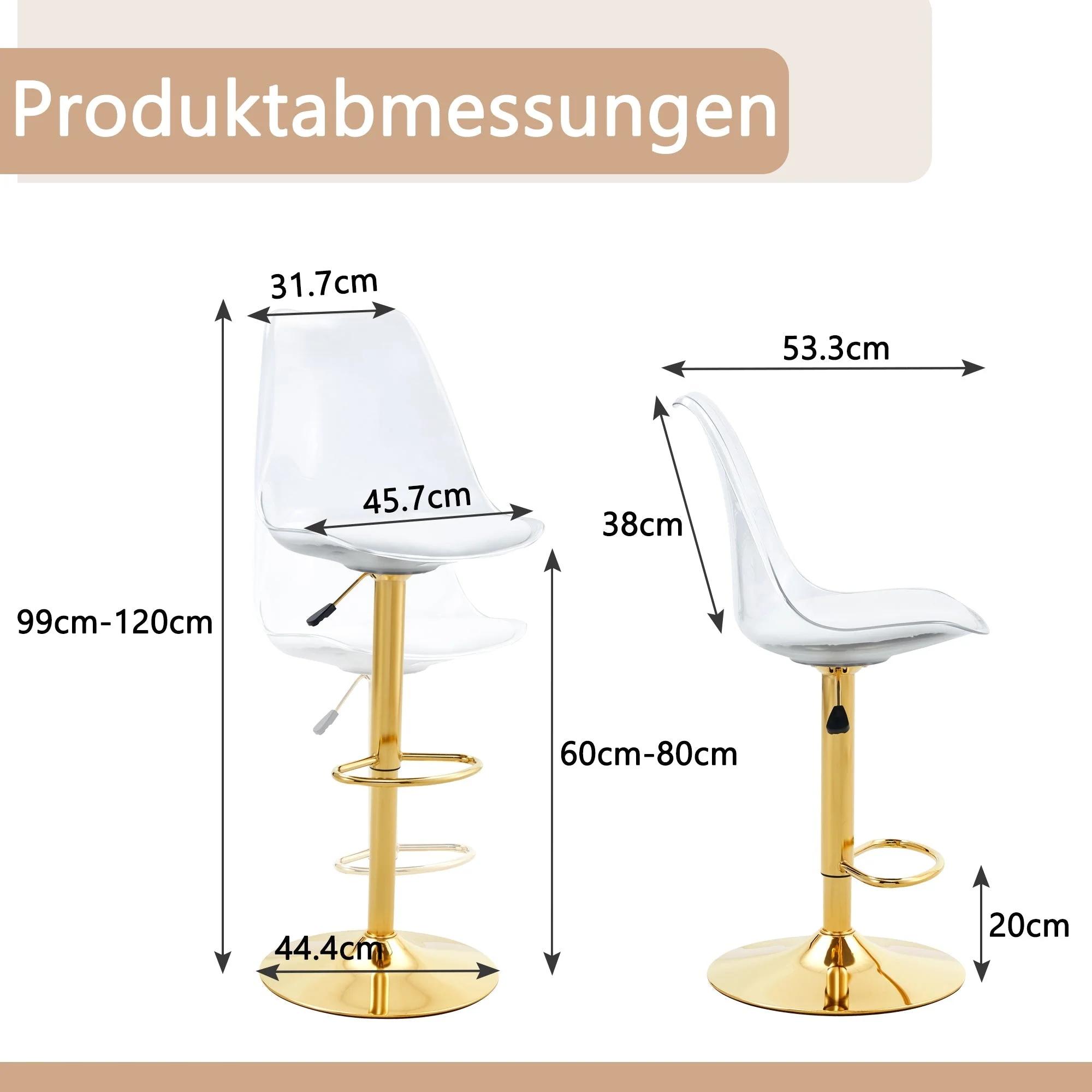 Bar Stool Set 2-Piece Adjustable Swivel Transparent Backs PU Leather Gold Metal - Image 4