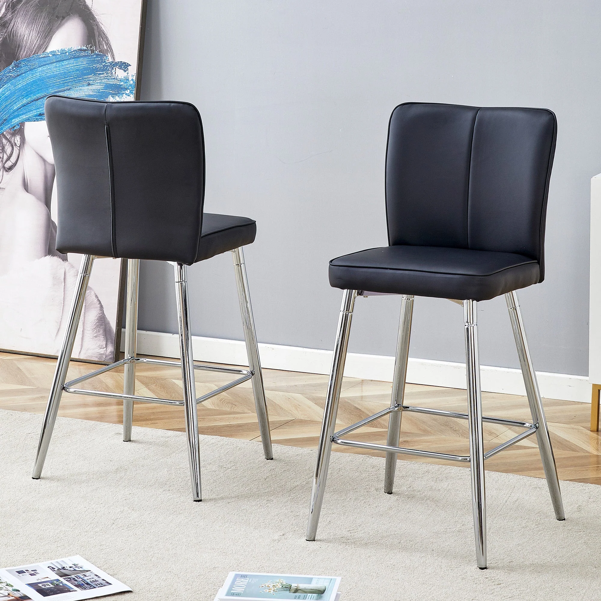 Bar Stool Set of 2 101cm High Ergonomic Backrest - Black PU Material