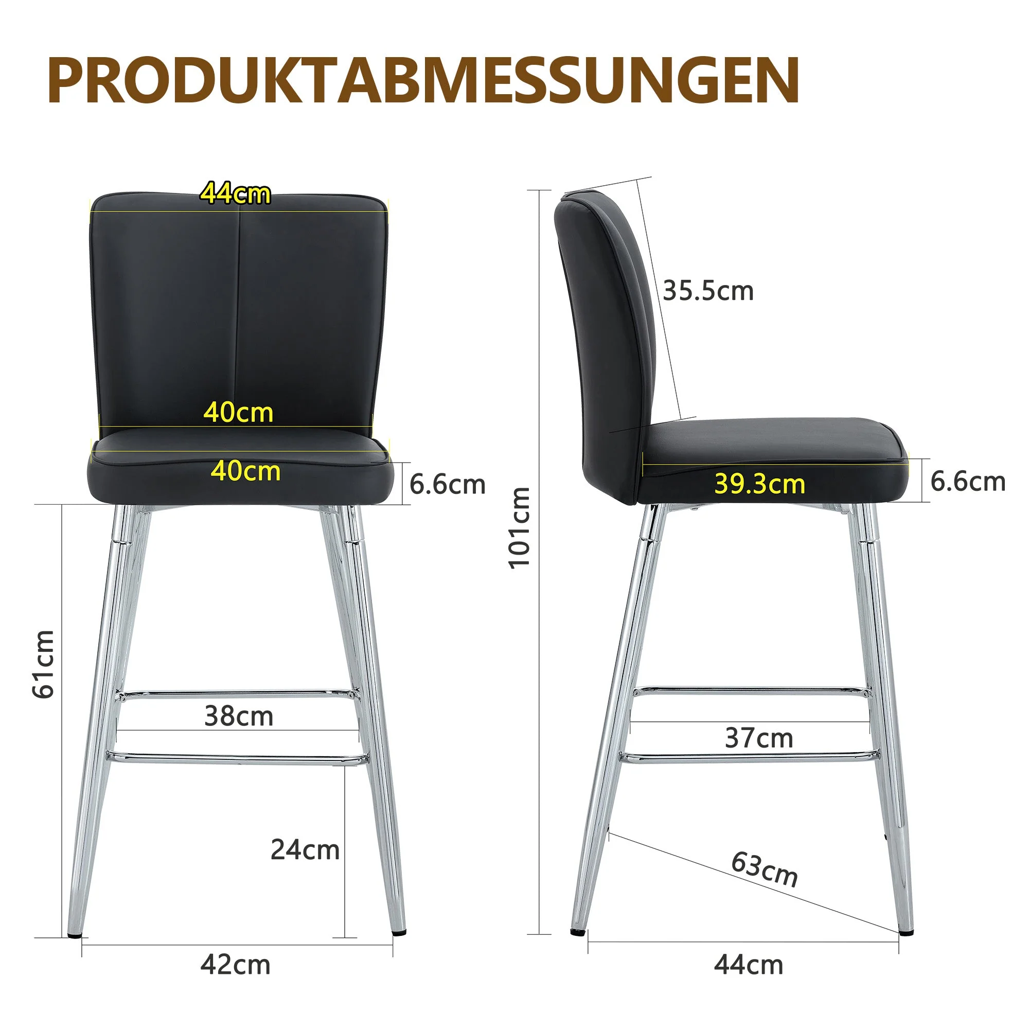 Bar Stool Set of 2 101cm High Ergonomic Backrest - Black PU Material - Image 4