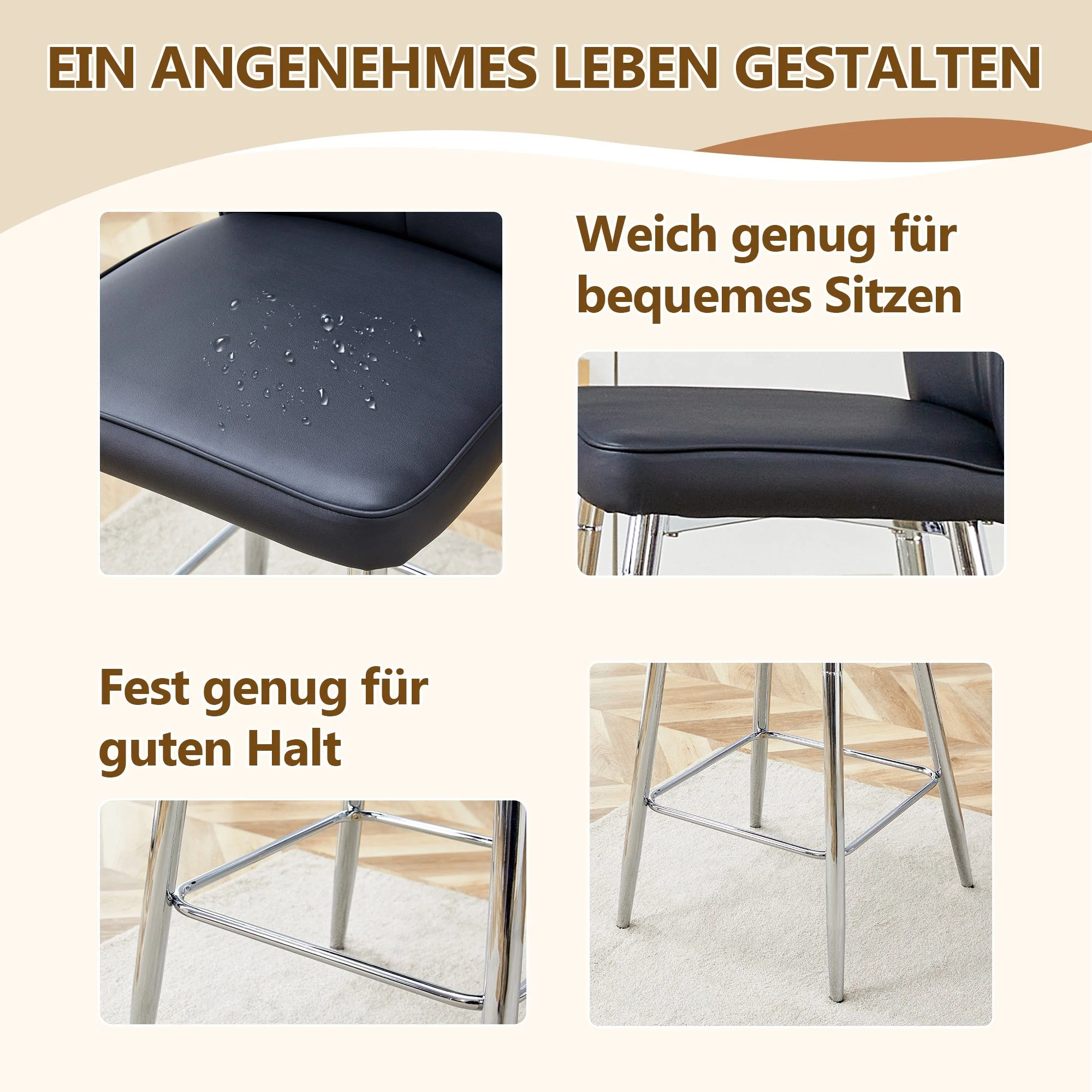 Bar Stool Set of 2 101cm High Ergonomic Backrest - Black PU Material - Image 5