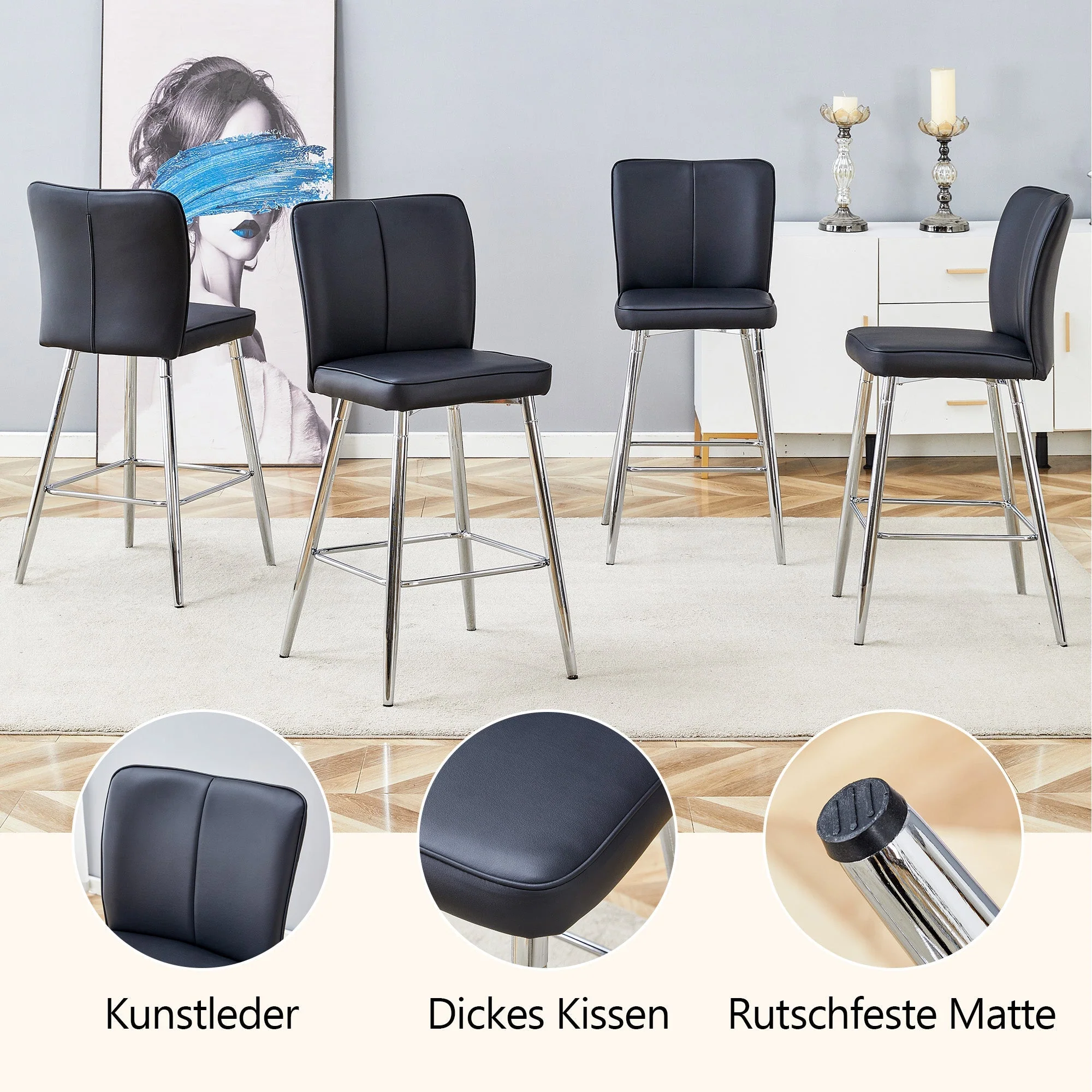 Bar Stool Set of 2 101cm High Ergonomic Backrest - Black PU Material - Image 6