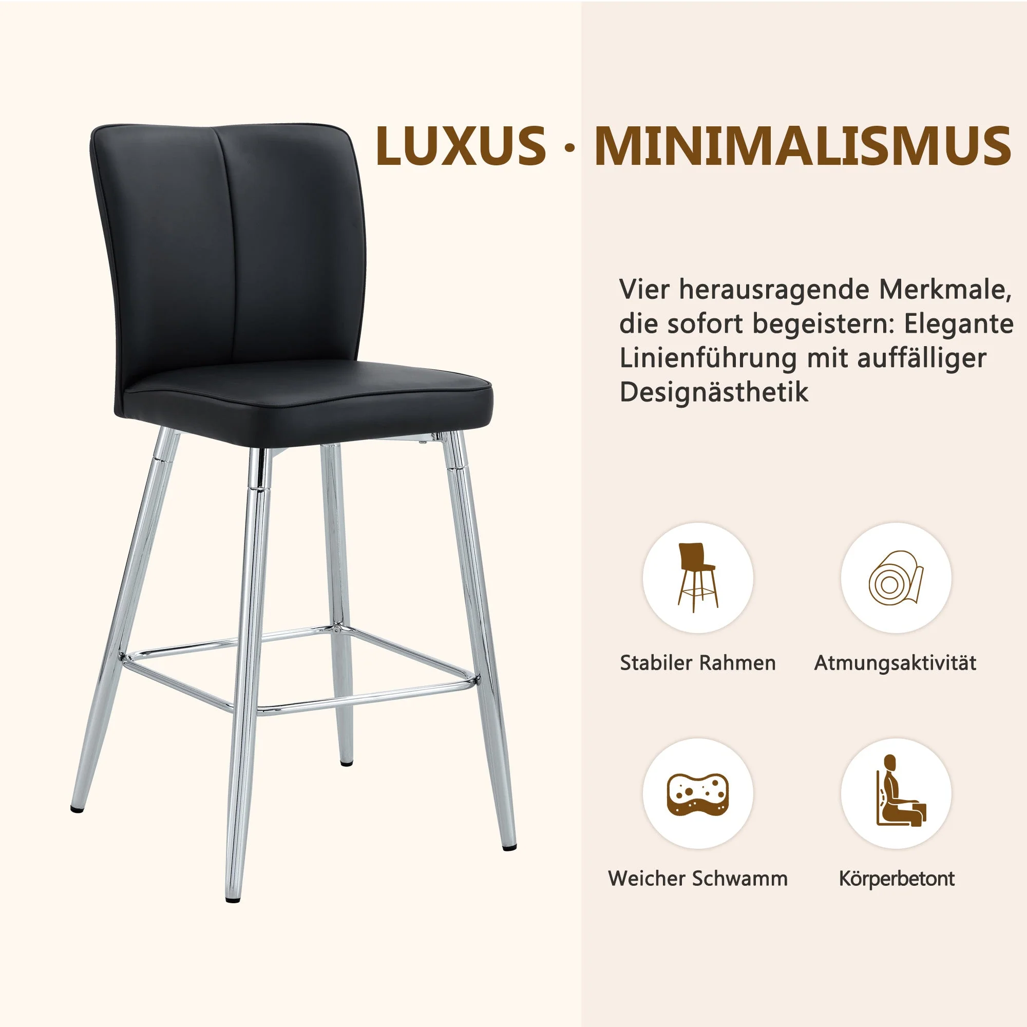 Bar Stool Set of 2 101cm High Ergonomic Backrest - Black PU Material - Image 7