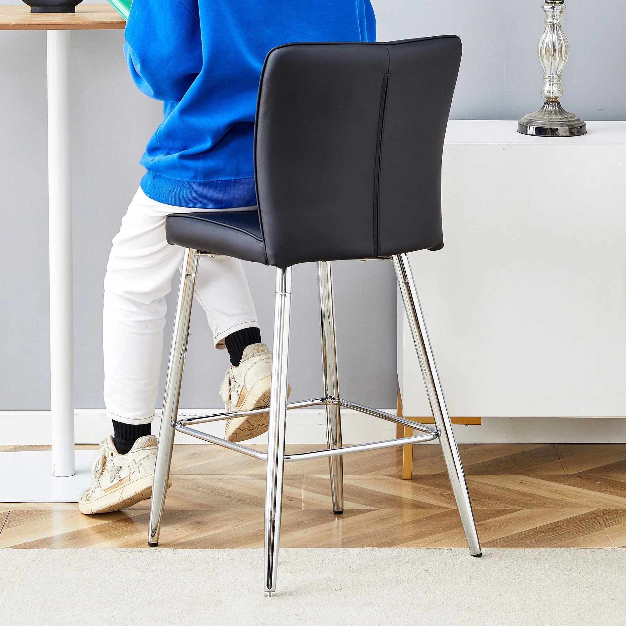 Bar Stool Set of 2 101cm High Ergonomic Backrest - Black PU Material - Image 8