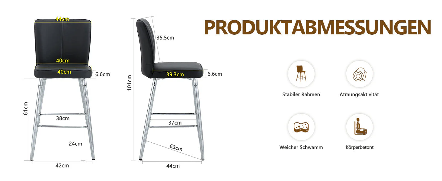 Bar Stool Set of 2 101cm High Ergonomic Backrest - Black PU Material - Image 9