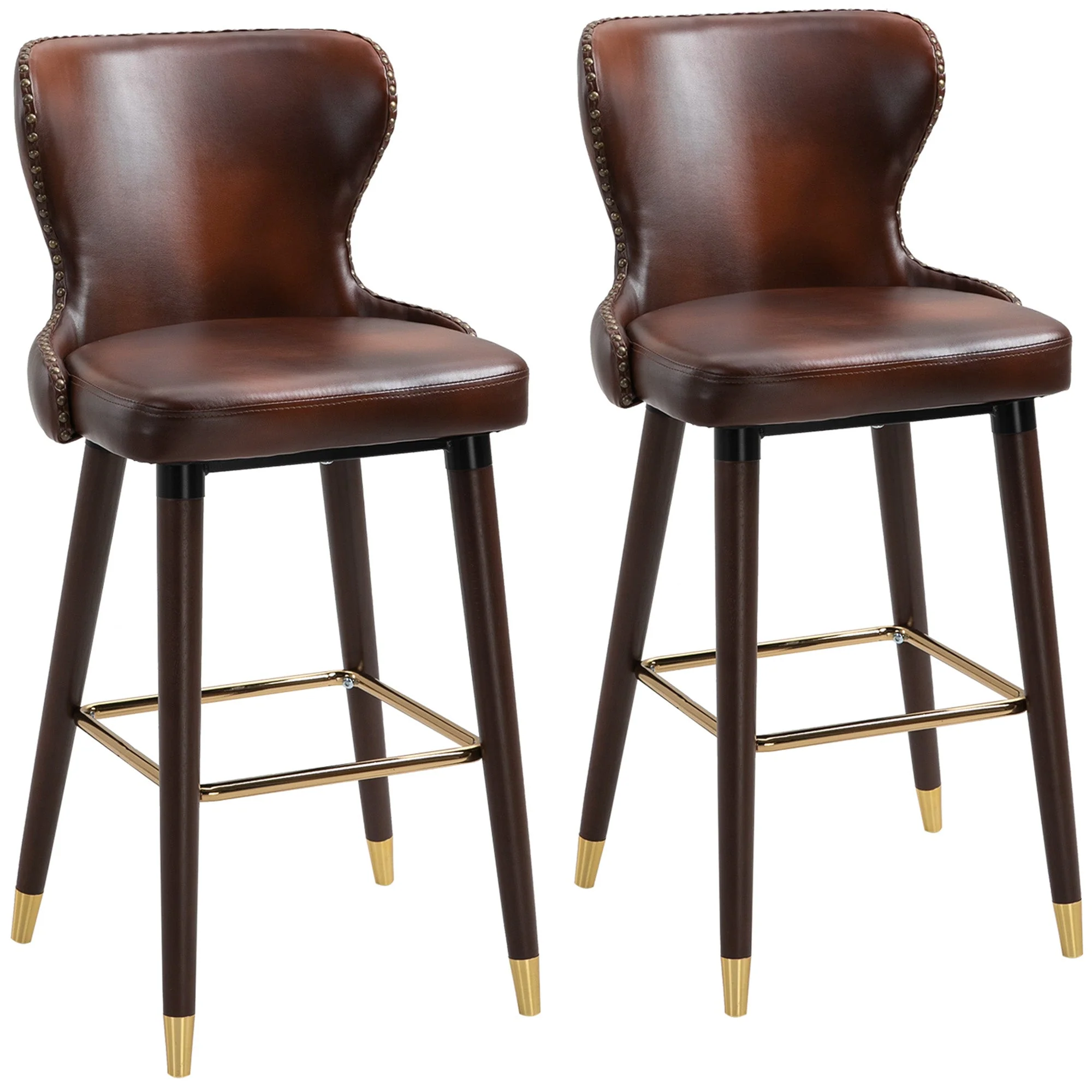 Bar Stool Set of 2, Bistro Chairs Footrest Backrest, PU Brown - Image 2