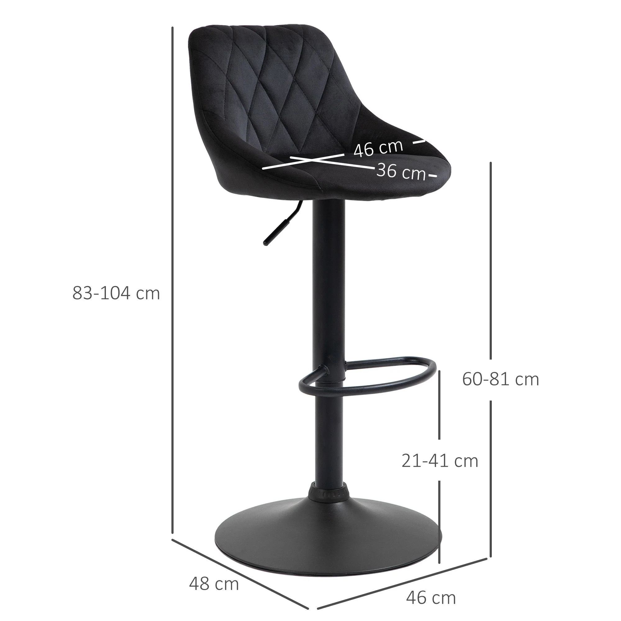 Bar Stool Set of 2, Height Adjustable with Footrest and Backrest, Velvet and Metal, Black - Image 3