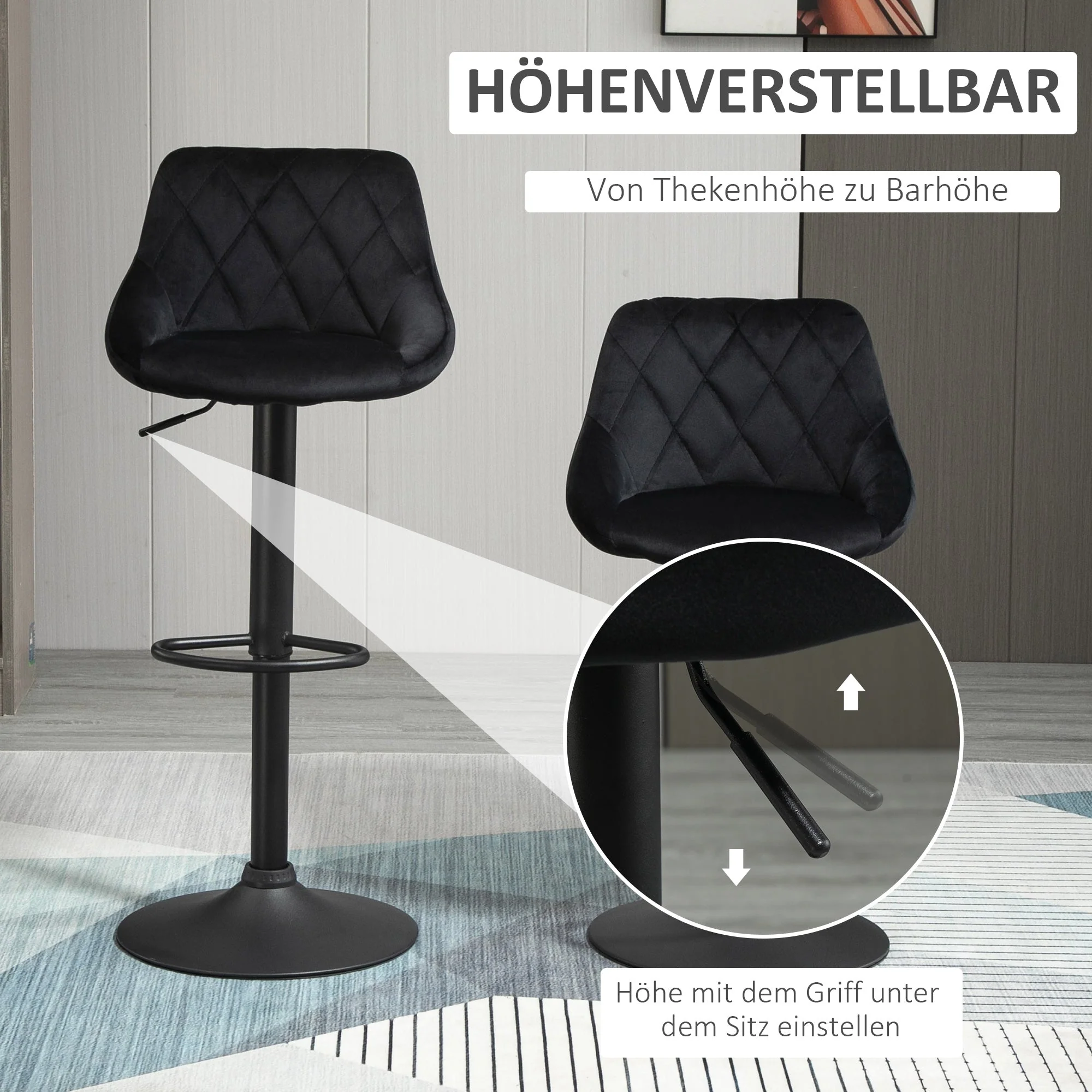 Bar Stool Set of 2, Height Adjustable with Footrest and Backrest, Velvet and Metal, Black - Image 4