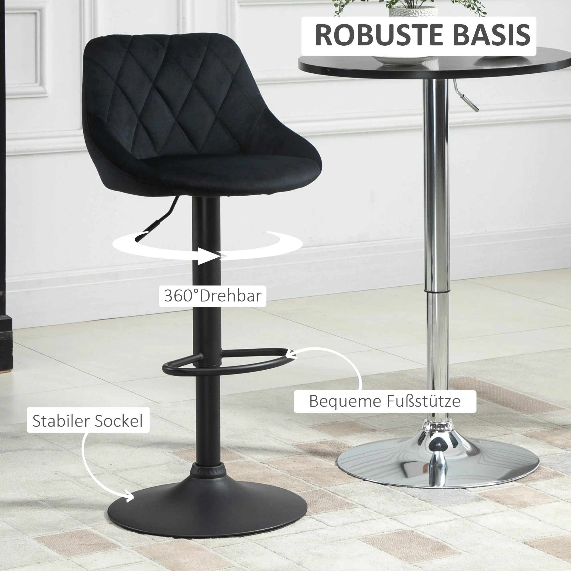 Bar Stool Set of 2, Height Adjustable with Footrest and Backrest, Velvet and Metal, Black - Image 5