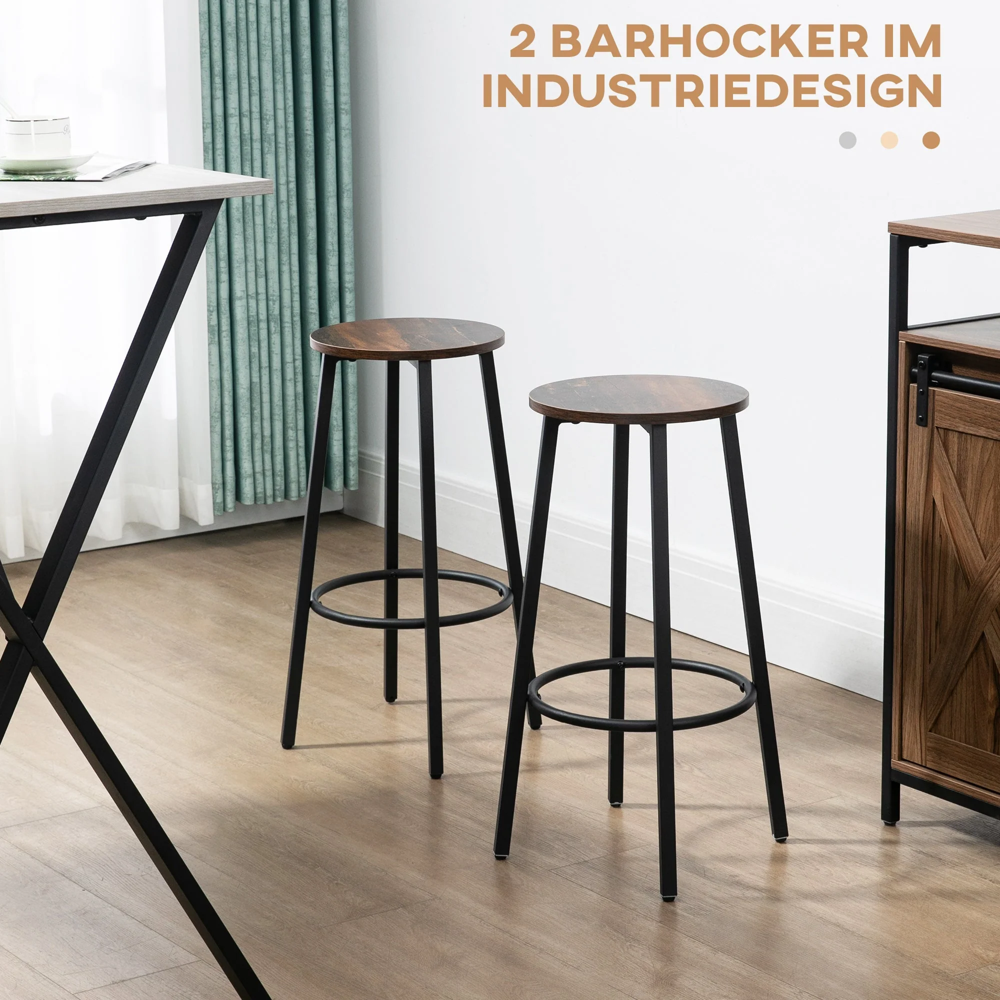 Bar Stool Set of 2, Industrial Design with Footrest, Metal Frame, Brown - Image 4