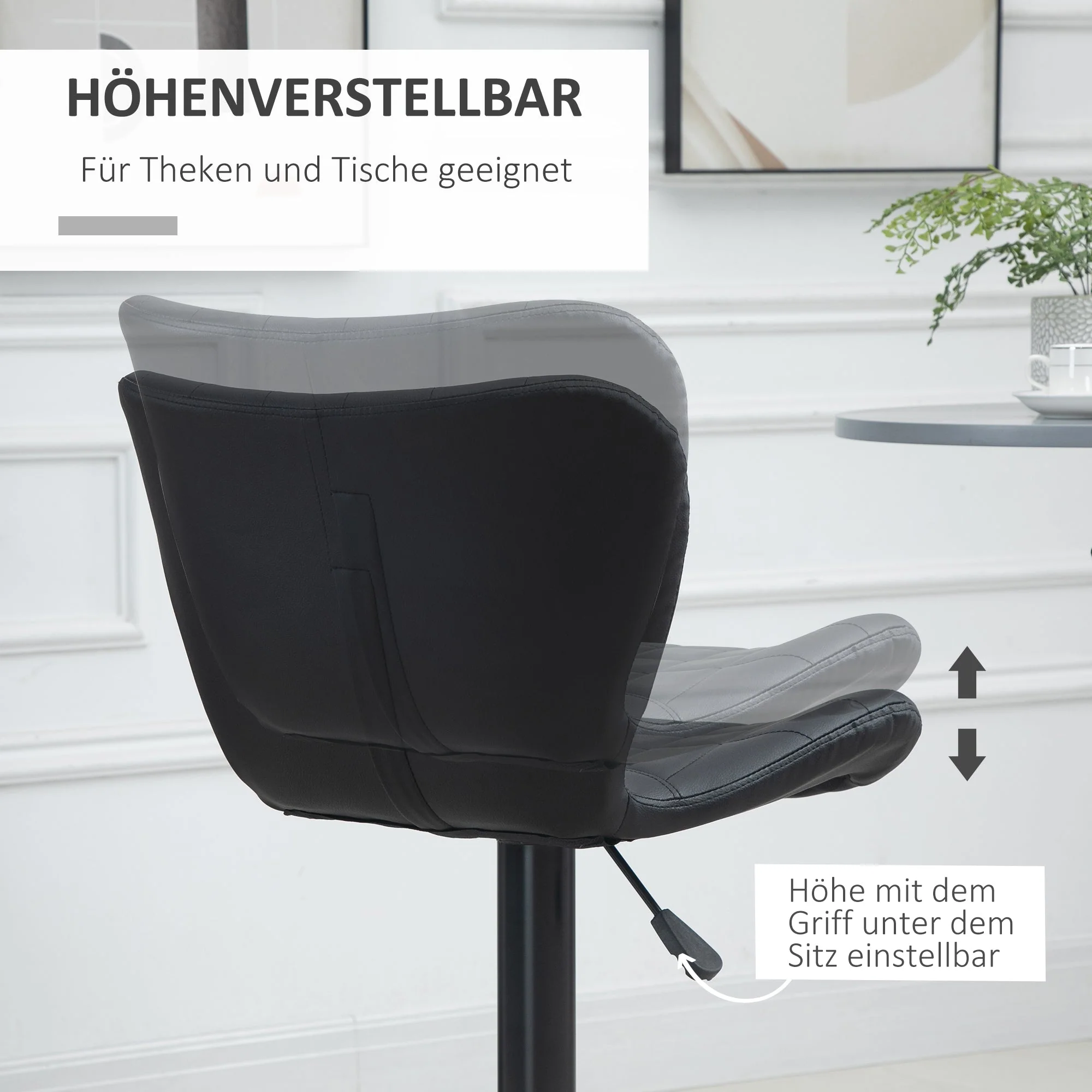 Bar Stool Set of 2, Retro Design 360° Swivel Height Adjustable, Black Leather - Image 4