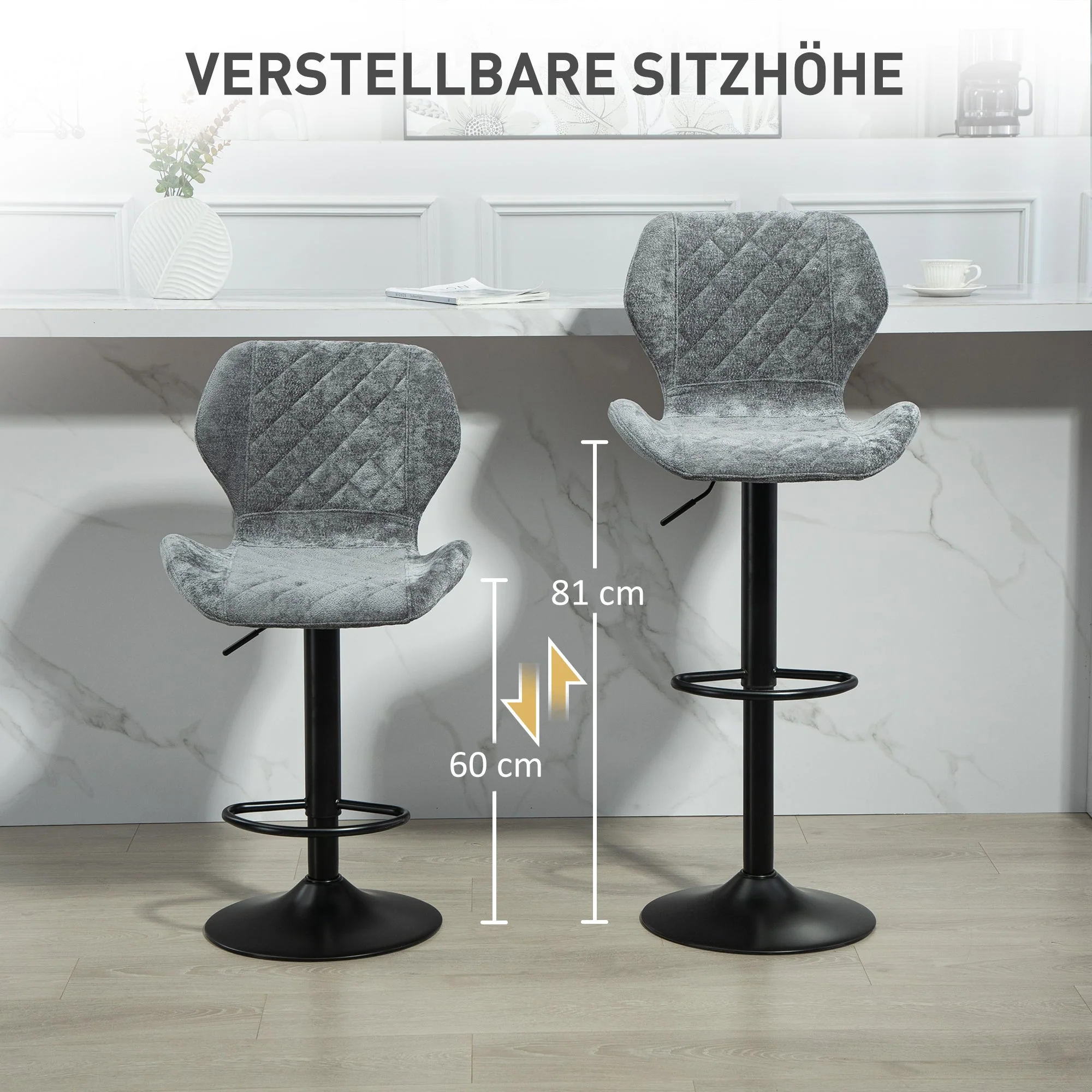 Bar stool set of 2, upholstered with backrest, height-adjustable, 360° rotatable, dark gray chenille look - Image 5