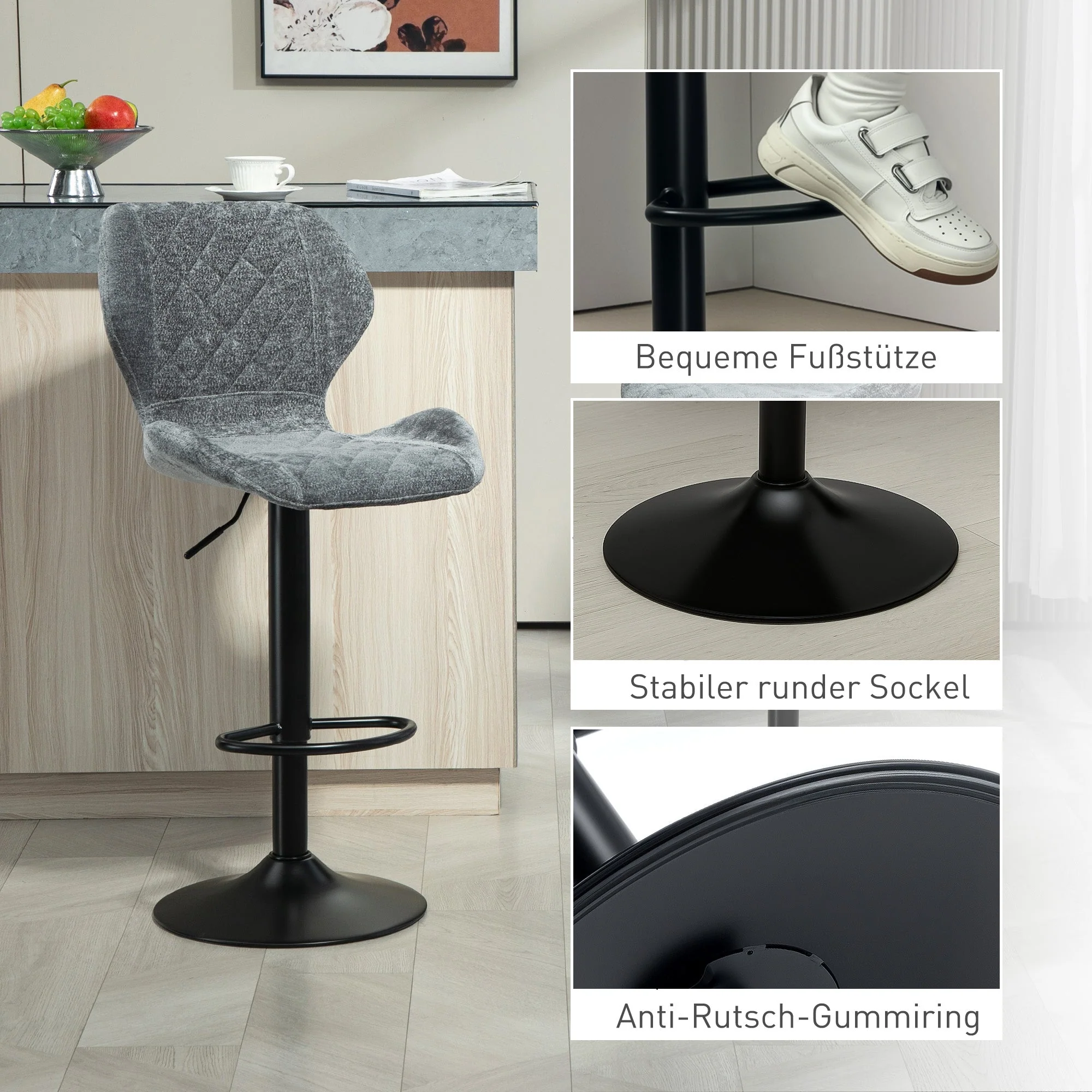Bar stool set of 2, upholstered with backrest, height-adjustable, 360° rotatable, dark gray chenille look - Image 7