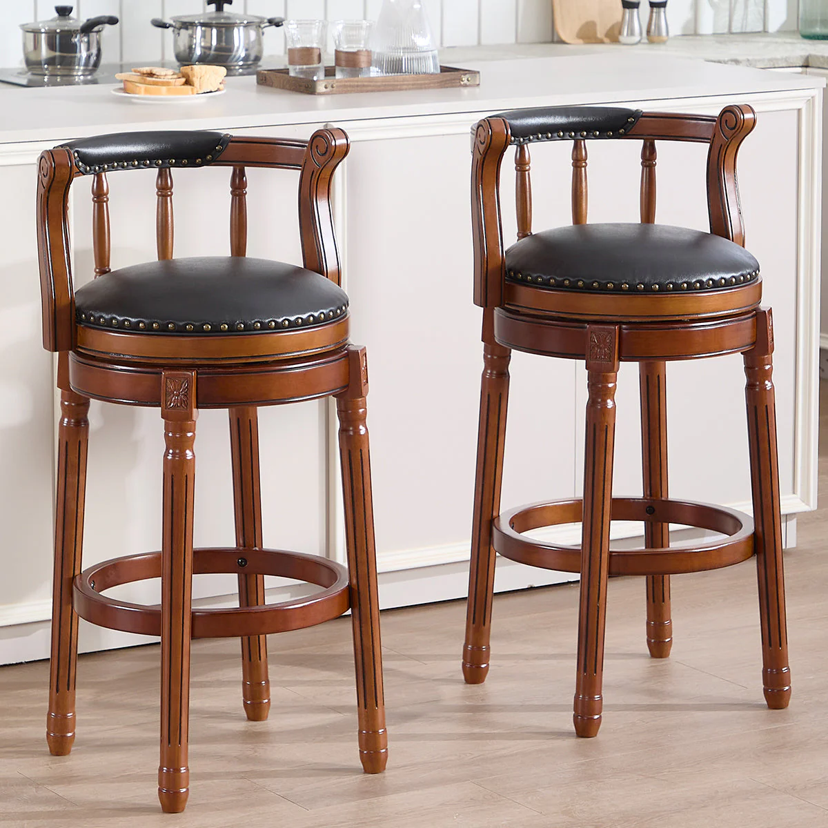 Bar Stools 360° Swivel with Backs Bar Counter Height - Cow Top Leather Wooden - Image 12