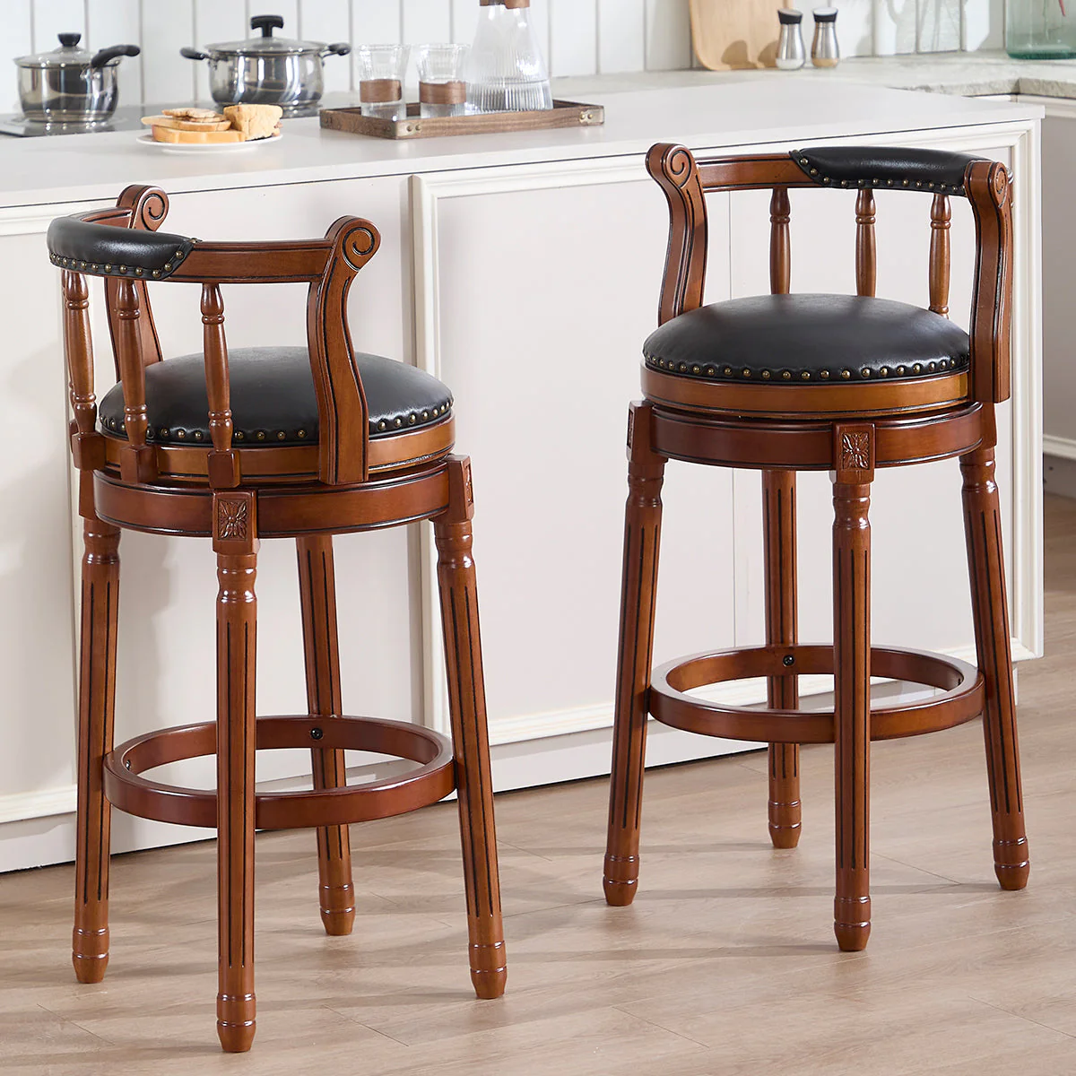Bar Stools 360° Swivel with Backs Bar Counter Height - Cow Top Leather Wooden - Image 15